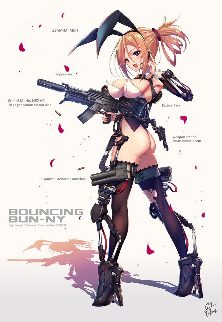 animal_ears armpit ass assault_rifle blonde_hair blush breasts bunny_ears bunny_suit cleavage dat_ass earpiece exoskeleton exposed_ass female grenade_launcher heels large_breasts legs long_hair open_mouth petals ponytail purple_eyes shadow signature simple_background standing stockings sweat thighhighs tied_hair torn_clothes torn_thighhighs weapon white_background