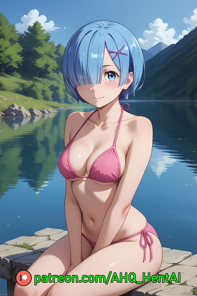 1girls ahq_hentai ai_generated bikini blue_hair blush breasts lake medium_breasts patreon perfect_body pink_bikini re:zero_kara_hajimeru_isekai_seikatsu rem_(re:zero) shy sitting stable_diffusion