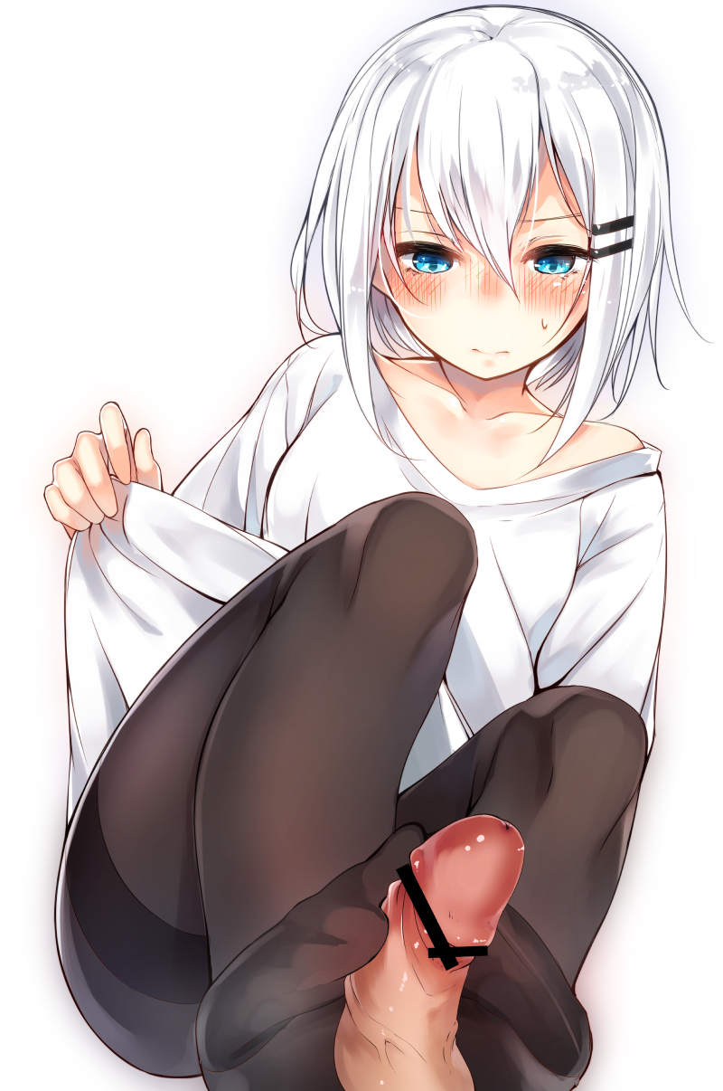 bare_shoulders black_legwear blue_eyes blush censored collarbone feet female footjob hair_between_eyes hair_ornament hairclip highres looking_down no_shoes off_shoulder original otokuyou pantyhose penis pov pov_feet ringo-chan_(otokuyou) shirt short_hair simple_background solo_focus straight sweatdrop white_background white_hair