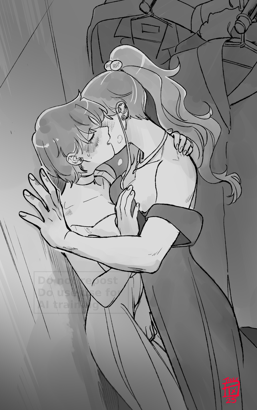2girls, ami mizuno, bishoujo senshi sailor moon, blush, breasts, dress, female, girls kissing, holding partner, jupimakyu, makoto kino, monochrome, pinned to wall, sailor jupiter, sailor mercury, through clothes, touching breast, yuri