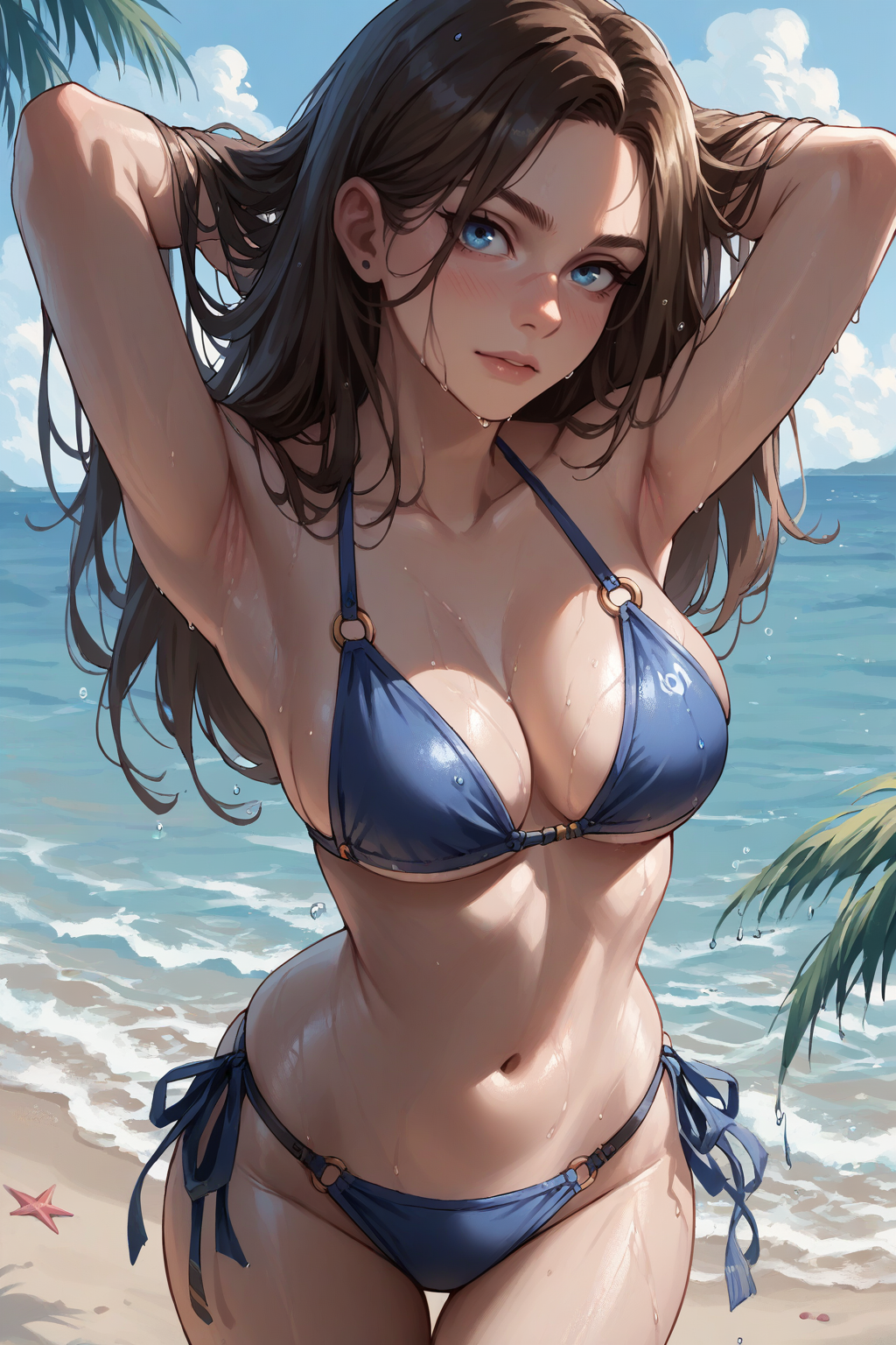 ai_generated arms_up beach blue_bikini blue_eyes breasts brown_hair female female_only gwendolyn_(tides large_breasts looking_at_viewer of_annihilation of_annihilation) thighs tides wet wet_body