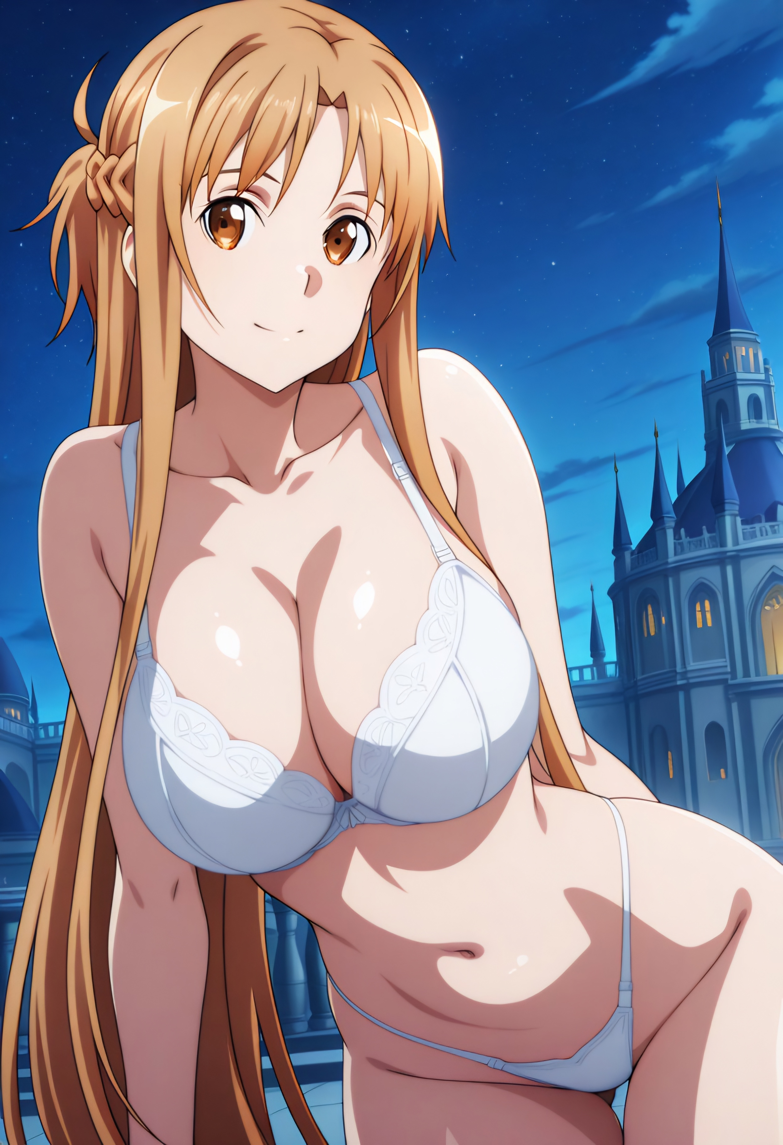 1girls, ai generated, breasts, brown eyes, brown hair, castle, color, colored, female, highleg panties, huge breasts, light skin, light-skinned female, long hair, looking at viewer, navel, night, outdoors, primer ai, solo, standing, sword art online, uncensored, white bra, white panties, yuuki asuna