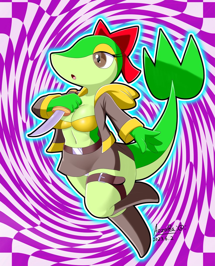 aozora_(tasogare_aozora) bra checkered_background creatures_(company) female game_freak jacket knife leg_strap lizard nintendo pokemon pokemon_(species) ribbon snivy