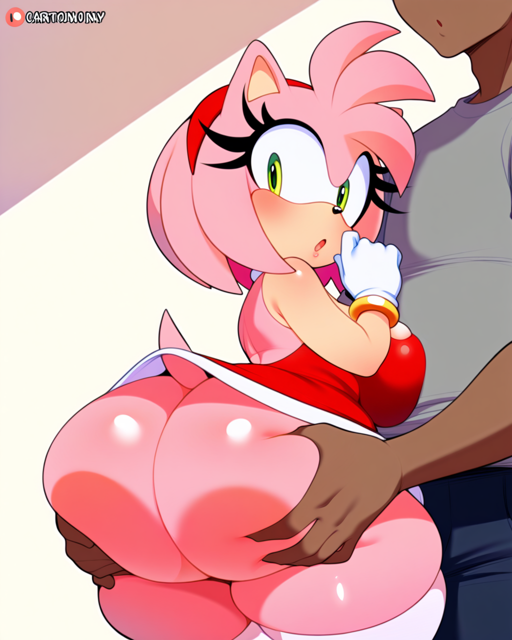 1boy 1girls 2d :o ai_generated amy_rose ass ass_grab ass_squeeze blush breasts_pressed_against_partner curvy curvy_female curvy_figure dark-skinned_male female female female_anthro grabbing_another's_ass grabbing_ass green_eyes height_difference huge_ass human_on_anthro interracial interspecies large_breasts light_blush long_eyelashes looking_back male_human male_human/female_anthro pink_fur pinkasswhore red_dress shortstack size_difference small_tail sonic_(series) sonic_the_hedgehog_(series) tail thick thick_ass thick_eyelashes thick_thighs voluptuous voluptuous_female white_gloves wide_hips