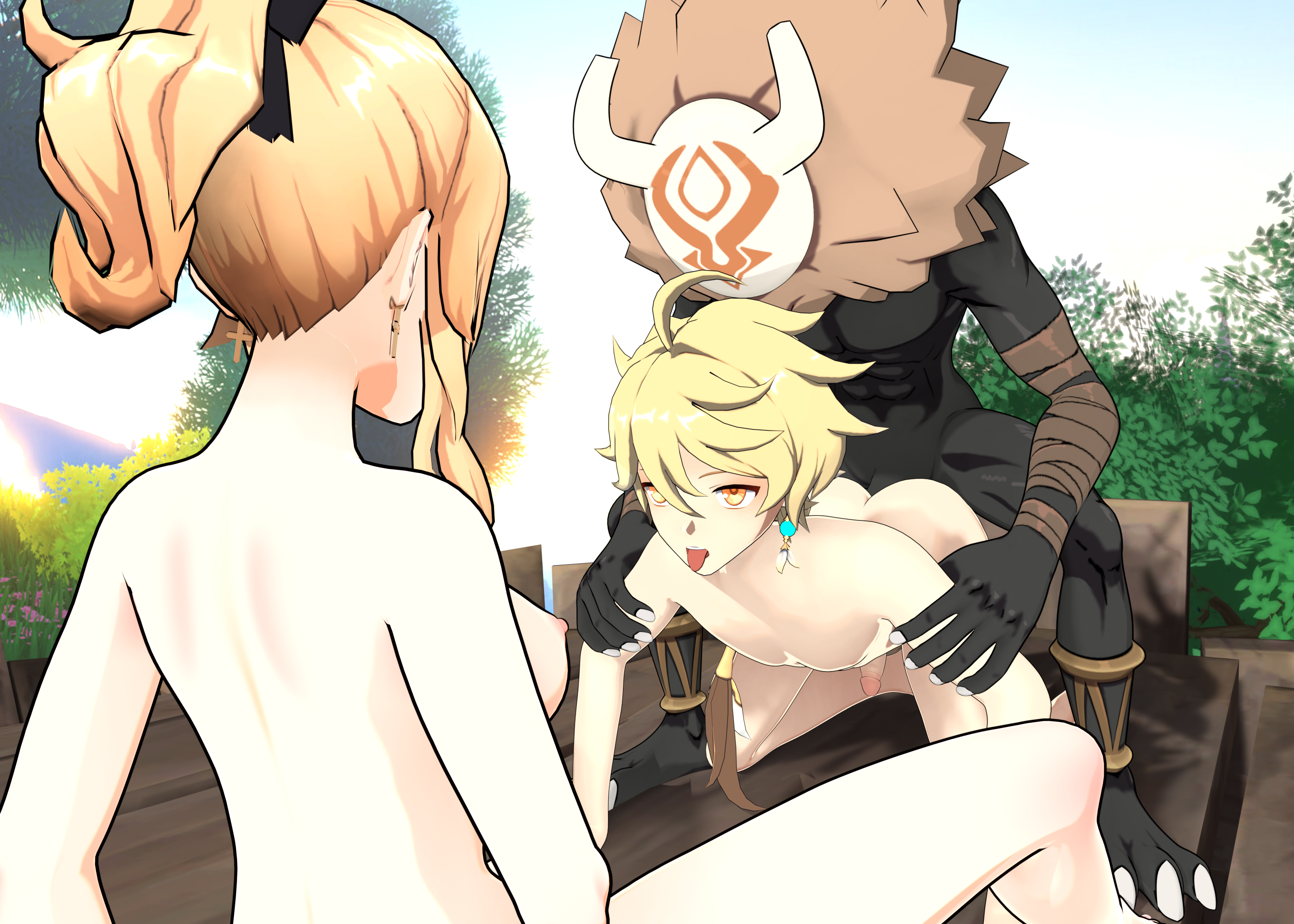 1girls, 2boys, 3d, aether (genshin impact), anal, female, female watching, genshin impact, hilichurls (species), jean gunnhildr, male, male penetrated, pine nsfw, tagme, yaoi, yaoi with female audience