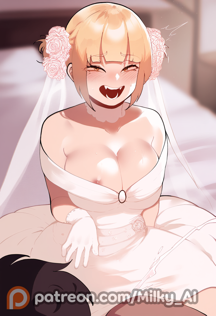 1boy 1girls ai_generated bed bedroom blonde_hair blush boku_no_hero_academia double_bun hair_bun himiko_toga looking_at_viewer milky_ai my_hero_academia naughty_face nipple_slip nipples portrait red_eyes toga_himiko wedding_dress wedding_veil wet