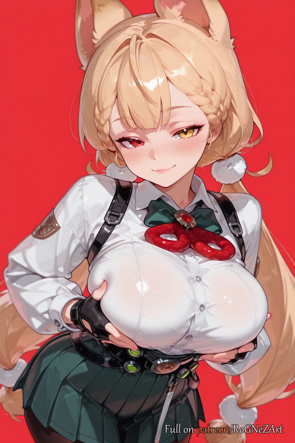 2025, ai generated, alice thymefield, animal ears, bangs, black gloves, black skirt, blonde hair, blush, bow, bowtie, braid, breasts, chest harness, closed mouth, collared shirt, female, female focus, female only, fingerless gloves, gloves, grabbing own breast, hair ornament, heterochromia, hoyoverse, large breasts, long hair, long sleeves, looking at viewer, low twintails, mihoyo, pantyhose, pleated skirt, pom pom hair ornament, red background, red eyes, rognezart, shirt, simple background, skirt, smile, solo, suspenders, twintails, very long hair, white shirt, yellow eyes, zenless zone zero