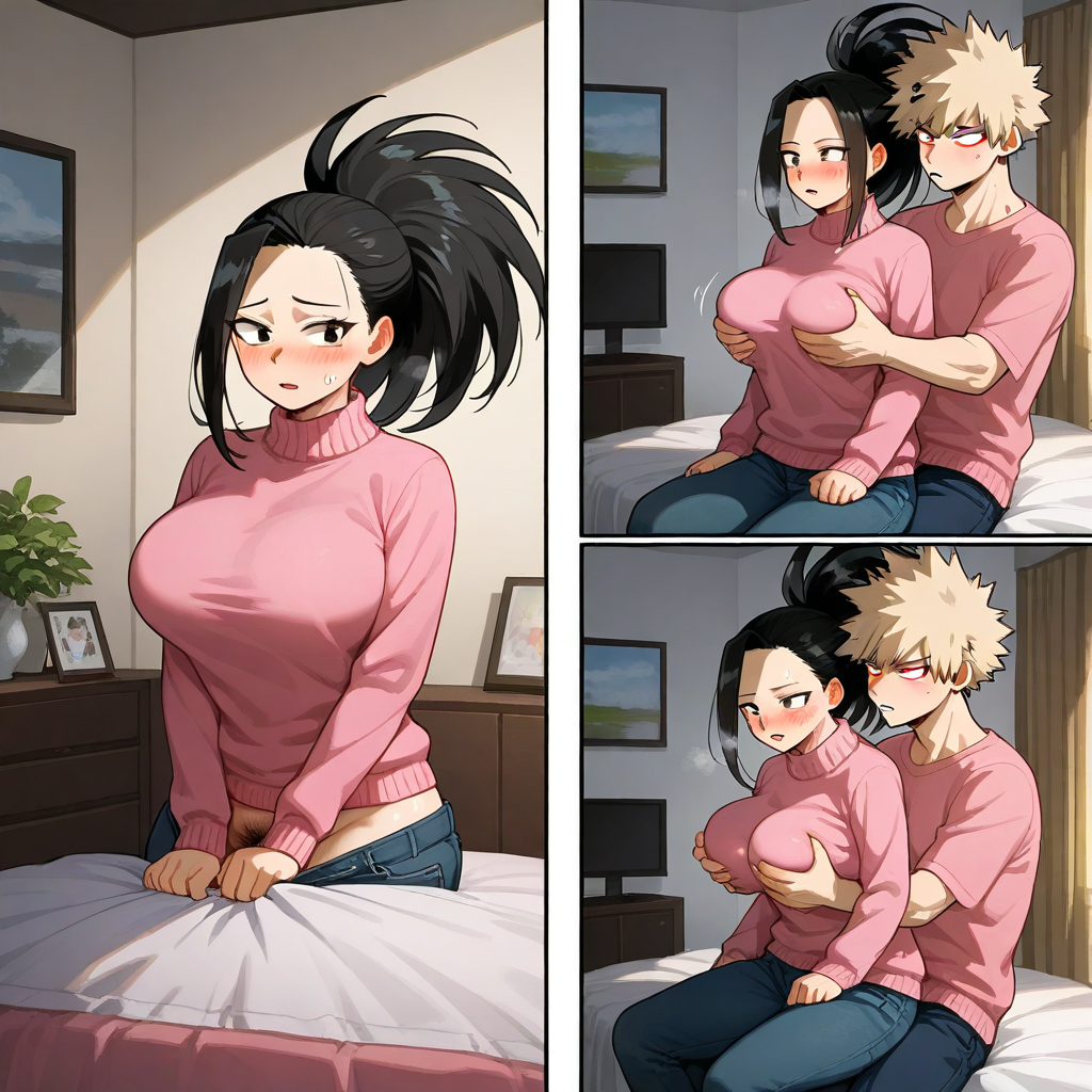 1boy 1girls ai_generated boku_no_hero_academia couple katsuki_bakugou my_hero_academia sensual yaoyorozu_momo