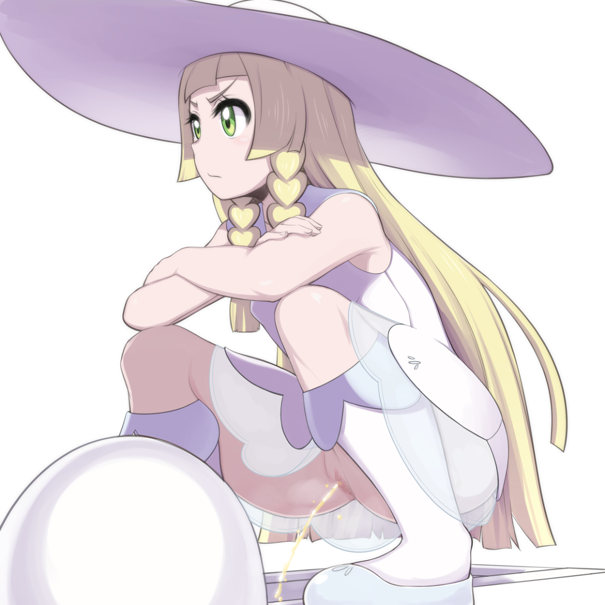 1girls, ass, bare shoulders, boots, censored, clothed, crossed arms, dress, eyelashes, female, green eyes, hat, human, lillie (pokemon), long hair, looking away, nintendo, no panties, peeing, pokemon, pokemon sm, pussy, solo, squatting, toilet, umayahara0130, urine, white background