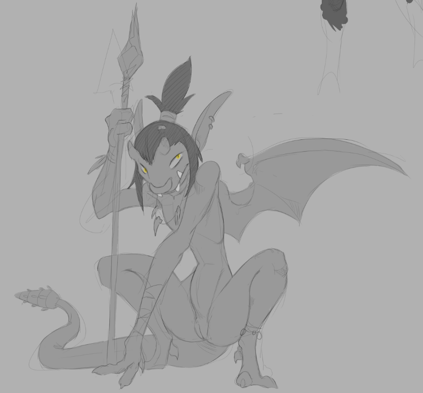 accessories_only anthro biped crouching deadlock facial_piercing female fingers gargoyle genitals grey_background har holding_melee_weapon holding_object holding_polearm holding_spear holding_weapon ivy_(deadlock) jizzus melee_weapon mouth_closed nose_piercing nose_ring piercing polearm pussy ring_piercing simple_background solo spear spiked_tail spikes spikes_(anatomy) tail teeth valve weapon wings