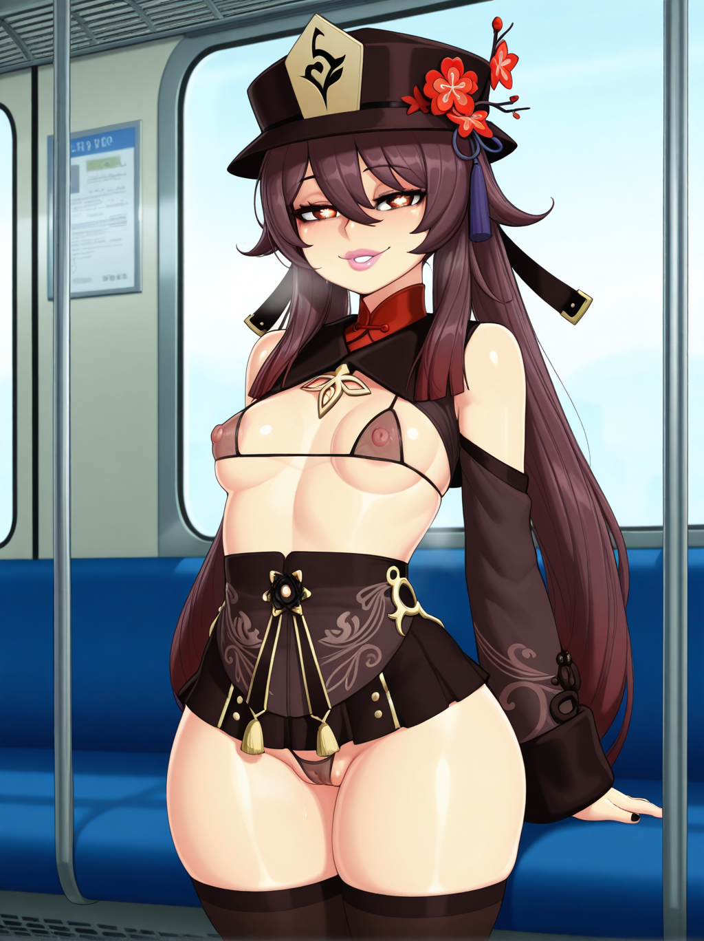 ai_generated altra_x bimbo brown_eyes brown_hair cameltoe detached_sleeves female genshin_impact half-closed_eyes hu_tao_(genshin_impact) long_hair looking_at_viewer micro_bikini mihoyo miniskirt pink_lips seductive_look seductive_smile see-through see-through_clothing see-through_panties solo standing stockings thick_lips thick_thighs thighhighs thong train_interior