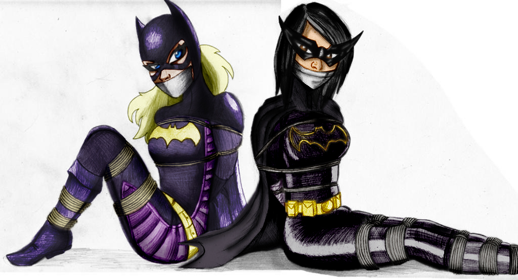 2girls batgirl batgirl_(cassandra_cain) batgirl_(stephanie_brown) batman_(series) black_bat bondage cassandra_cain cloth_gag colorized dc dc_comics gag gagged multiple_girls orphan_(dc) rope_bondage snowking68 spoiler_(dc) stephanie_brown superheroine tied_up