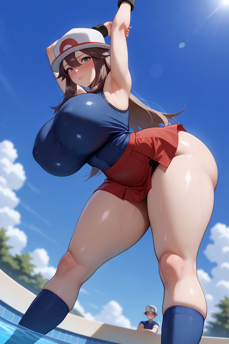 adult_female ai_generated big_breasts big_butt female hat leaf leaf_(pokemon) pokemon pose round_ass sexy skirt sleeveless_shirt stretching swimming_pool thick_thighs ul7990