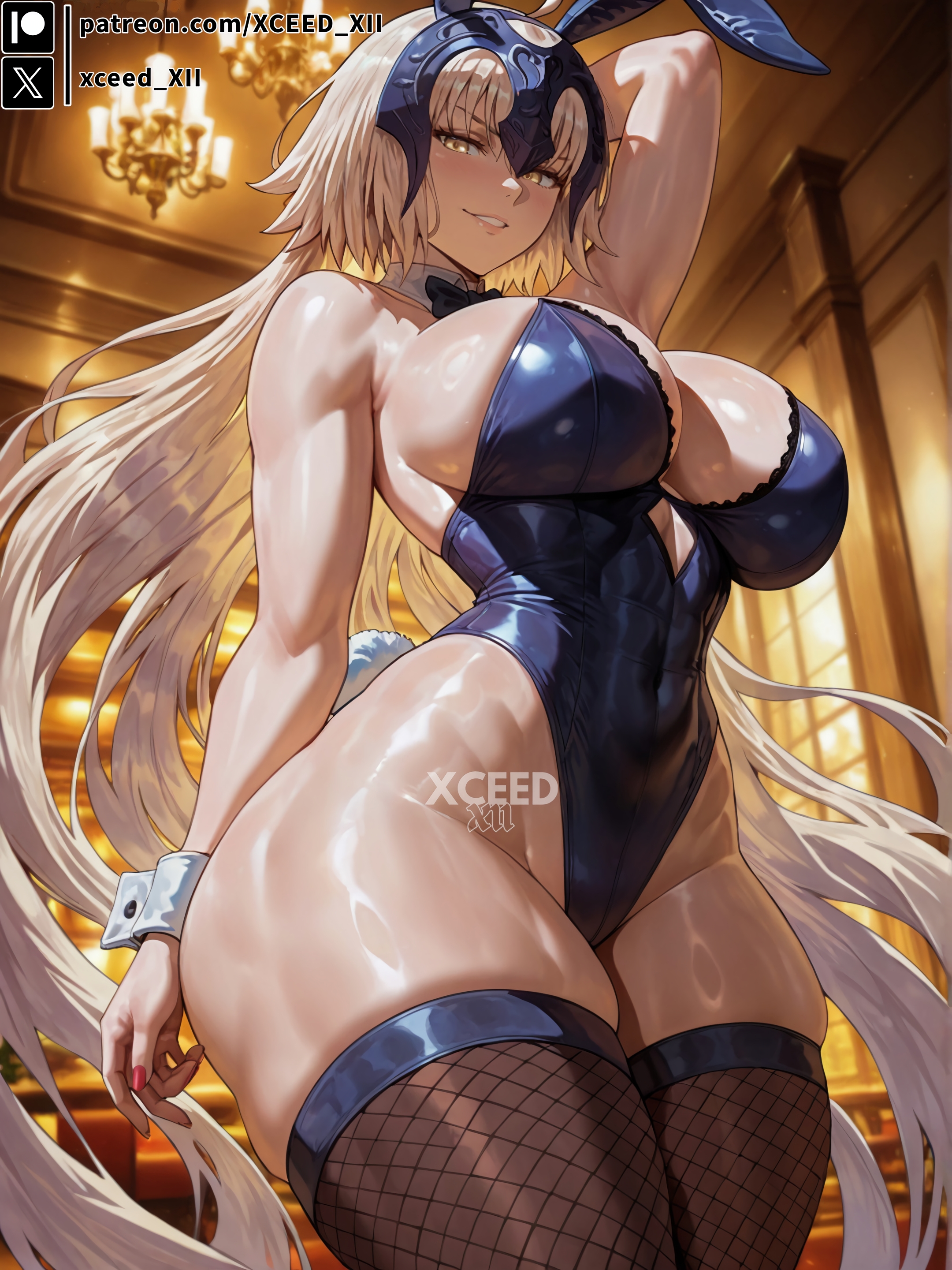 1girls, ai generated, big breasts, breasts, bunny girl, bunnysuit, curvy, curvy female, curvy figure, fate (series), fate/grand order, female, hd, hourglass figure, jeanne alter, large breasts, leotard, narrow waist, seductive look, seductive smile, skindentation, solo, stable diffusion, stockings, thick thighs, thighhighs, xceed