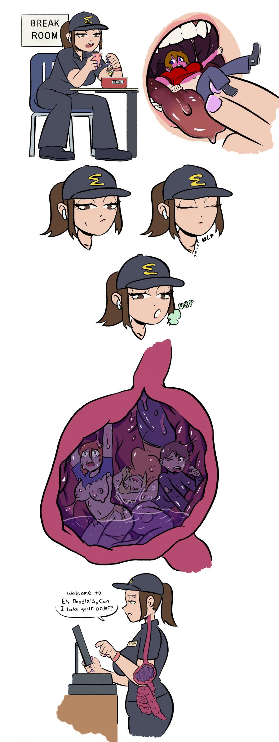comic, digestion, female, female pred, female prey, hunnybot (artist), multiple prey, vore, working
