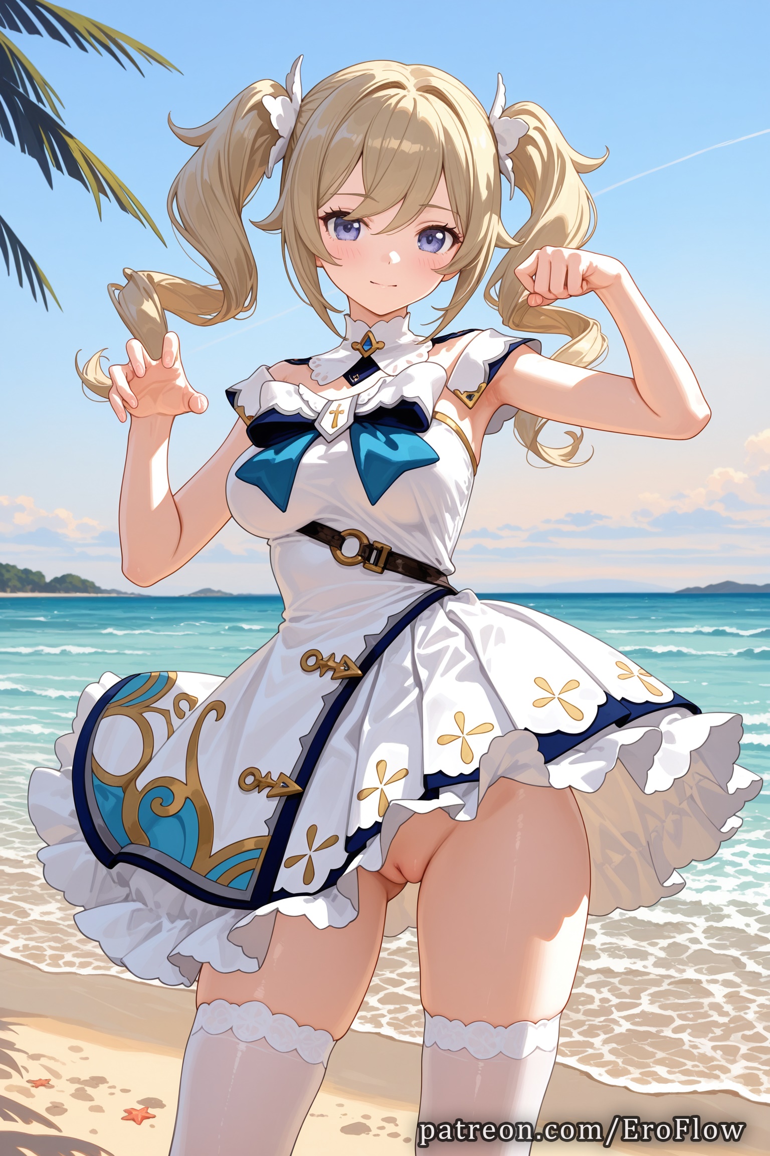 1girls, 2025, ai generated, ass visible through thighs, bangs, barbara (genshin impact), bare arms, bare shoulders, beach, blonde hair, blue eyes, blue sky, blush, bow, breasts, cleft of venus, closed mouth, dress, drill hair, eroflow, female, frilled dress, frills, genshin impact, hands up, hi res, highres, hoyoverse, long hair, looking at viewer, medium breasts, mihoyo, mihoyo technology (shanghai) co. ltd., no panties, ocean, outdoors, patreon, paw pose, pussy, sky, smile, solo, standing, thighhighs, thighs, twin drills, twintails, vagina, voluptuous, voluptuous female, water, white dress, white thighhighs, wind lift