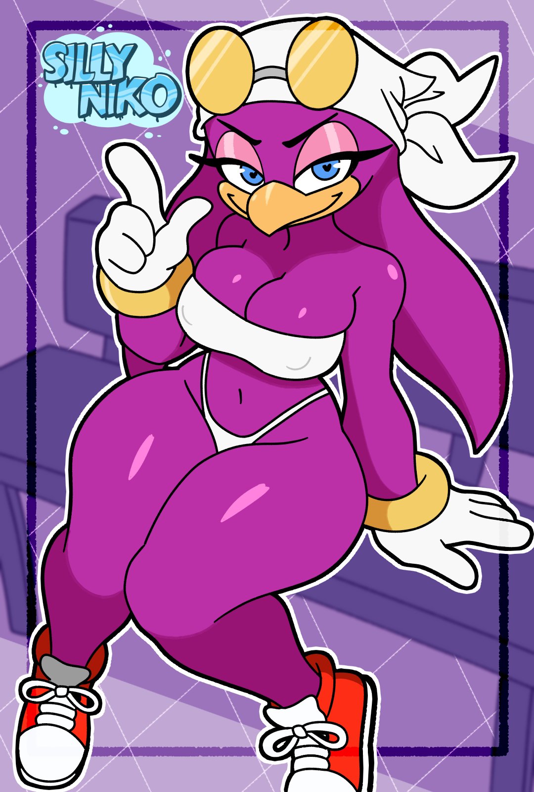 1girls, 2025, 2d, 2d (artwork), 2d artwork, avian, bandana, big breasts, bird, bird girl, blue eyes, breasts, cleavage, crop top, digital art, digital drawing (artwork), digital media (artwork), female, furry, glasses, glasses on head, mobian, mobian (species), passerine, purple body, sega, shoes, sillyniko, sneakers, solo, sonic (series), sonic riders, sonic the hedgehog (series), sunglasses, swallow (bird), tagme, thick, thick thighs, thong, wave the swallow