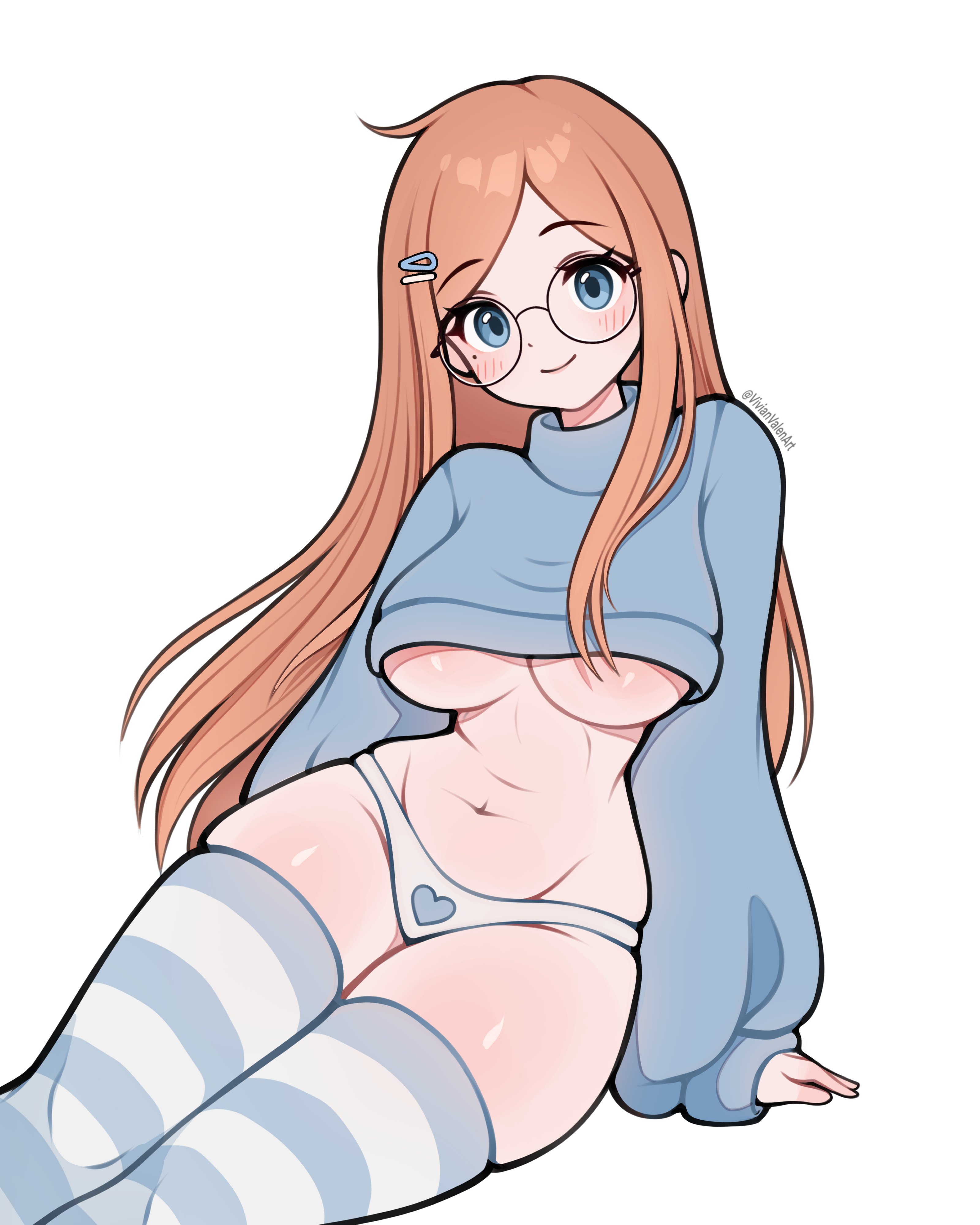 1girls, 2d, artist name, blue eyes, breasts, circle glasses, female, glasses, light skin, long hair, long sleeves, looking at viewer, navel, oc, orange hair, original, panties, solo, solo female, tagme, thick thighs, thigh highs, thighhighs, underboob, vivianvalenart, white background
