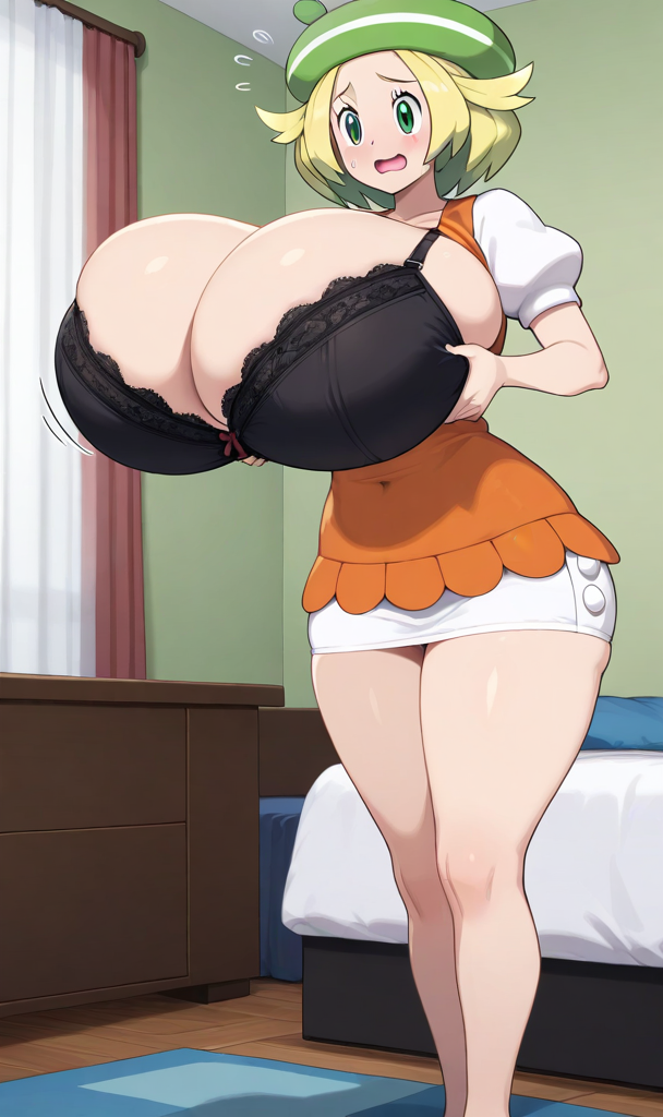 ai_generated bianca_(pokemon) black_bra blonde_hair female huge_breasts nervous orange_topwear pokemon short_hair thick_thighs white_skirt