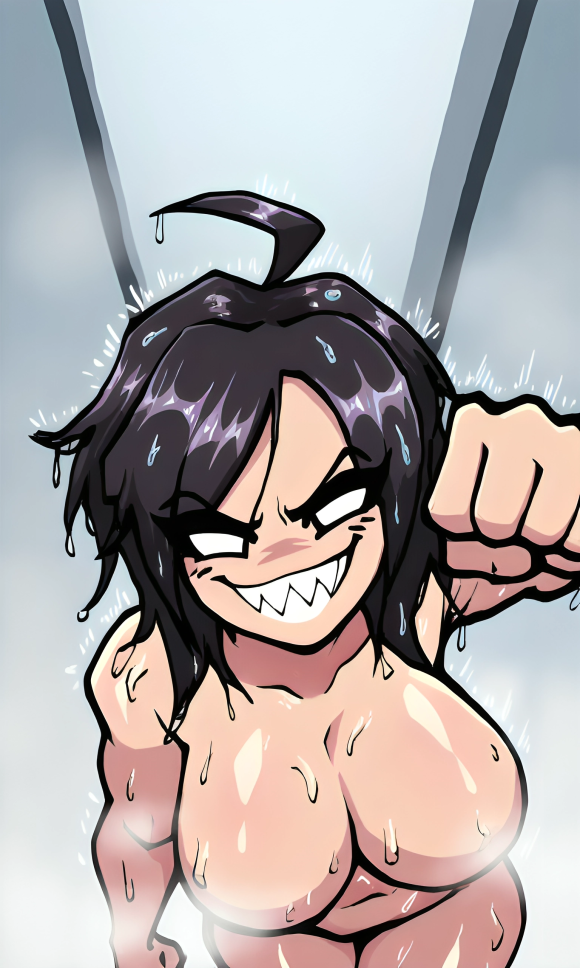 ai_generated bathroom big_breasts black_hair busty curvy friday_night_funkin grin in_shower looking_at_viewer messy_hair naked nene_(newgrounds) newgrounds no_pupils nude pixai punch sharp_teeth shoulder_length_hair shower showering steam steaming_body thick_thighs wet_hair wet_skin