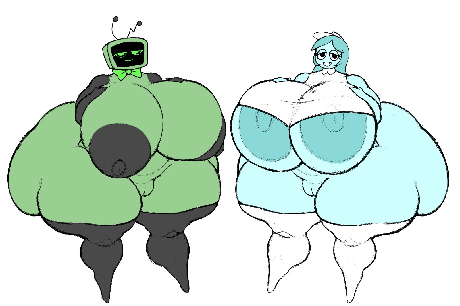 2girls, antennae (anatomy), ass, black nipples, black thighhighs, breasts, chubby female, connie (dandy's world), cyan hair, dandy's world, enormous ass, enormous breasts, fat ass, female, female focus, gatofashado, green skin, hyper ass, hyper breasts, innie pussy, object head, plump thighs, pussy, smiling at viewer, tagme, television screen, thighhighs, vee (dandy's world), white thighhighs
