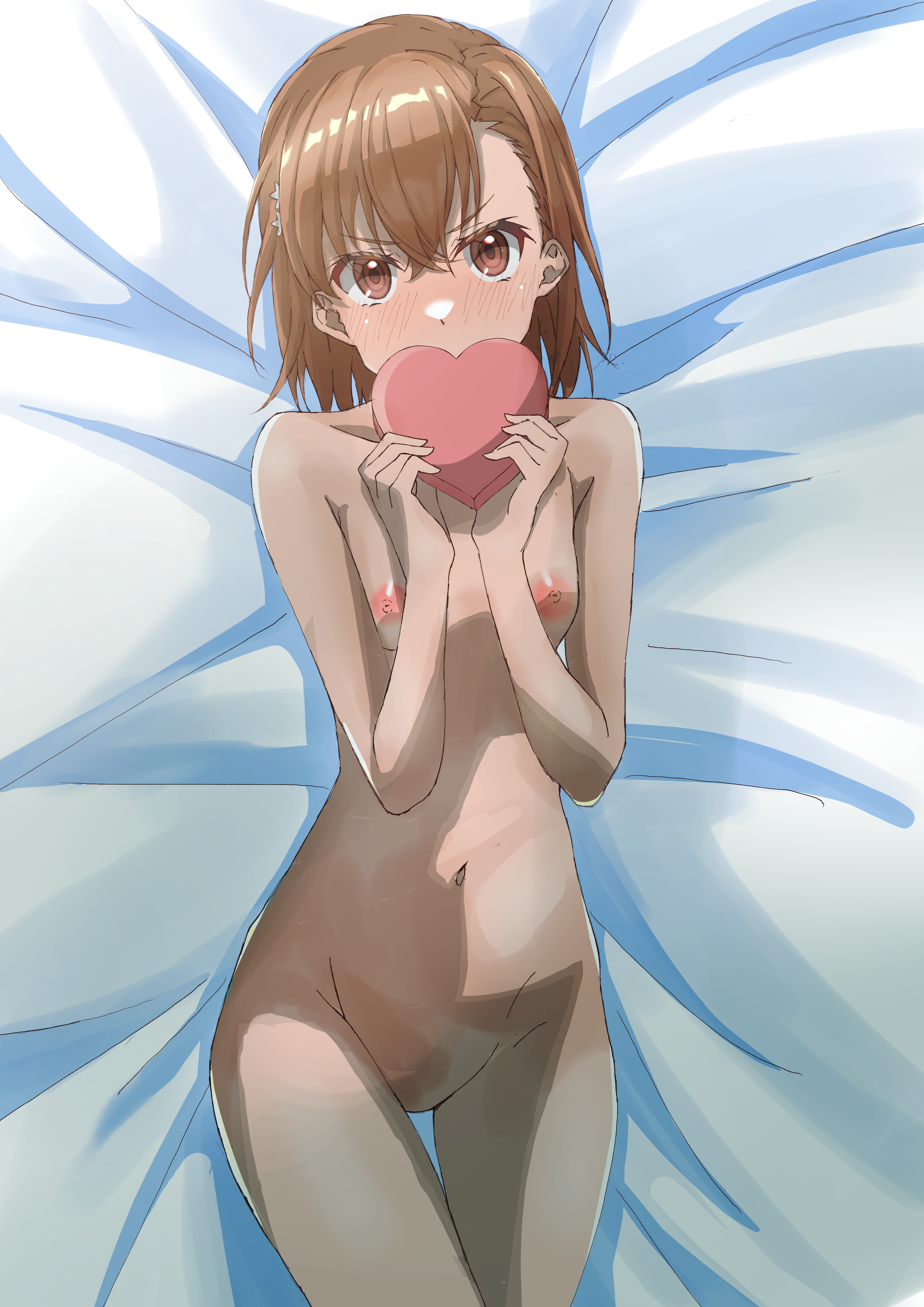 1girls, 2020s, 2023, absurd res, bare shoulders, bed sheet, blush, breasts, brown eyes, brown hair, collarbone, completely nude, completely nude female, female, hair flower, hair ornament, halya meri, heart, heart box, hi res, looking at viewer, lying, matching hair/eyes, misaka mikoto, navel, nude, nude female, on back, on bed, short hair, shy, small breasts, solo, stomach, teenage female, teenager, to aru kagaku no railgun, to aru majutsu no index, valentine's day, young