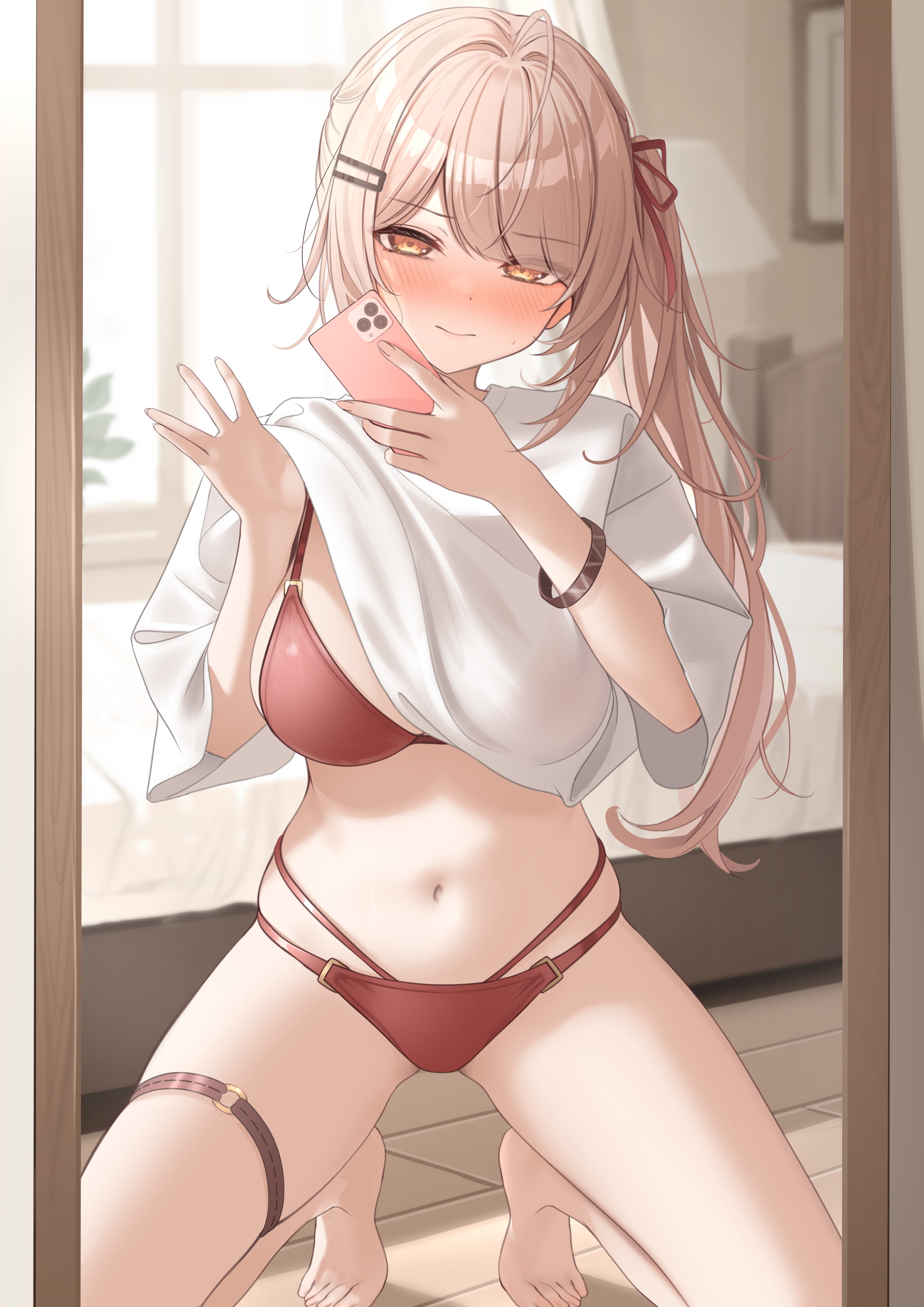 amber eyes, imouto-chan (monaka curl), monaka curl, selfie, shirt lift