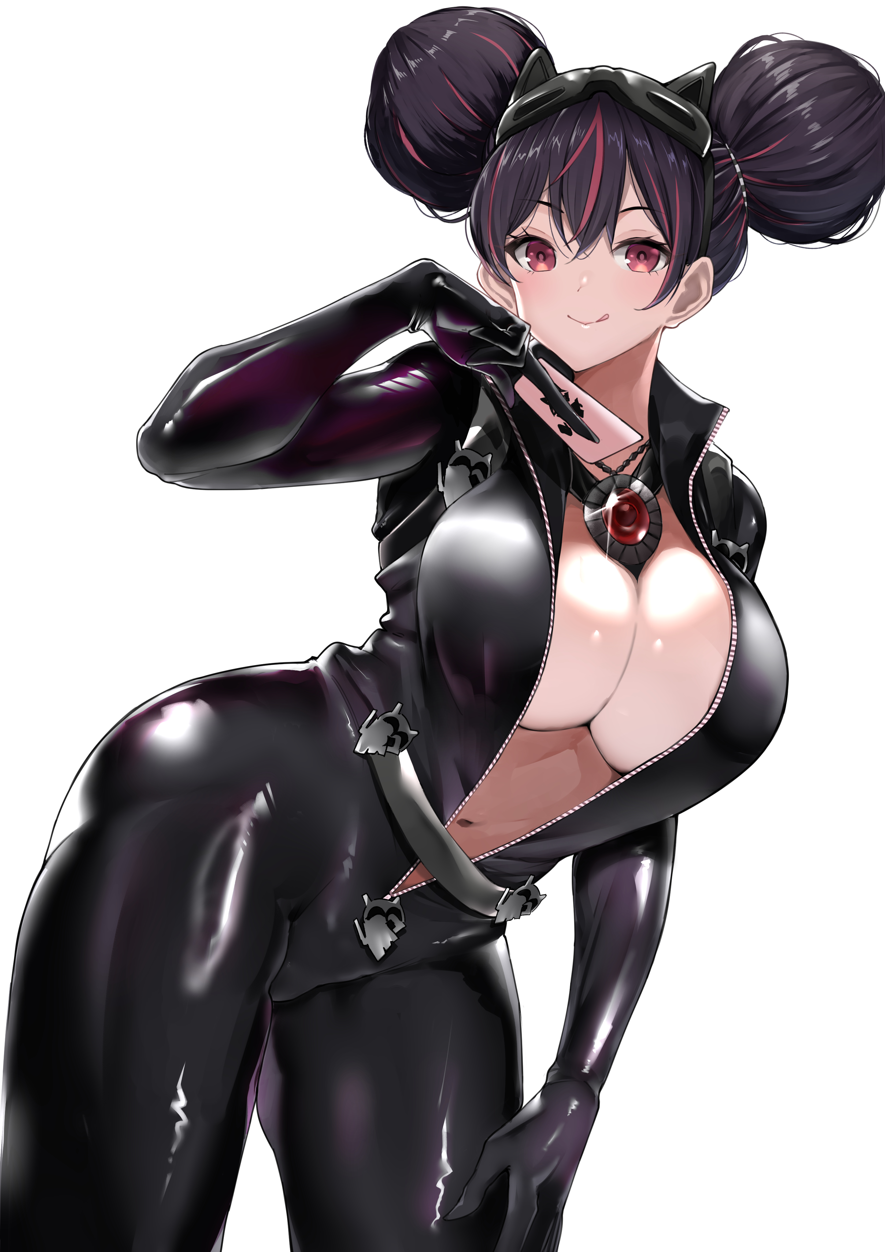 1girls, 2025, alluring, belt, big breasts, bodysuit, breasts, bursting breasts, cat ears, catsuit, curvaceous, curvaceous body, curvaceous female, curvaceous figure, curvy, curvy body, curvy female, curvy figure, enticing, female, gizza, goddess of victory: nikke, high resolution, highres, hips, hourglass figure, huge breasts, jewelry, large breasts, light skin, light-skinned female, looking at viewer, mask, massive breasts, necklace, open bodysuit, open clothes, poker, poker card, quency (escape queen) (nikke), quency (nikke), seducing, seductive, seductive look, shiny, shiny clothes, shiny skin, skin tight, teasing, teasing viewer, temptation, tempting, tempting viewer, thick, thick breasts, thick hips, thick thighs, tight clothes, tight clothing, unzipped, unzipped bodysuit, voluptuous, voluptuous female, white background, wide hips, zipper, zipper down, zipper pull tab