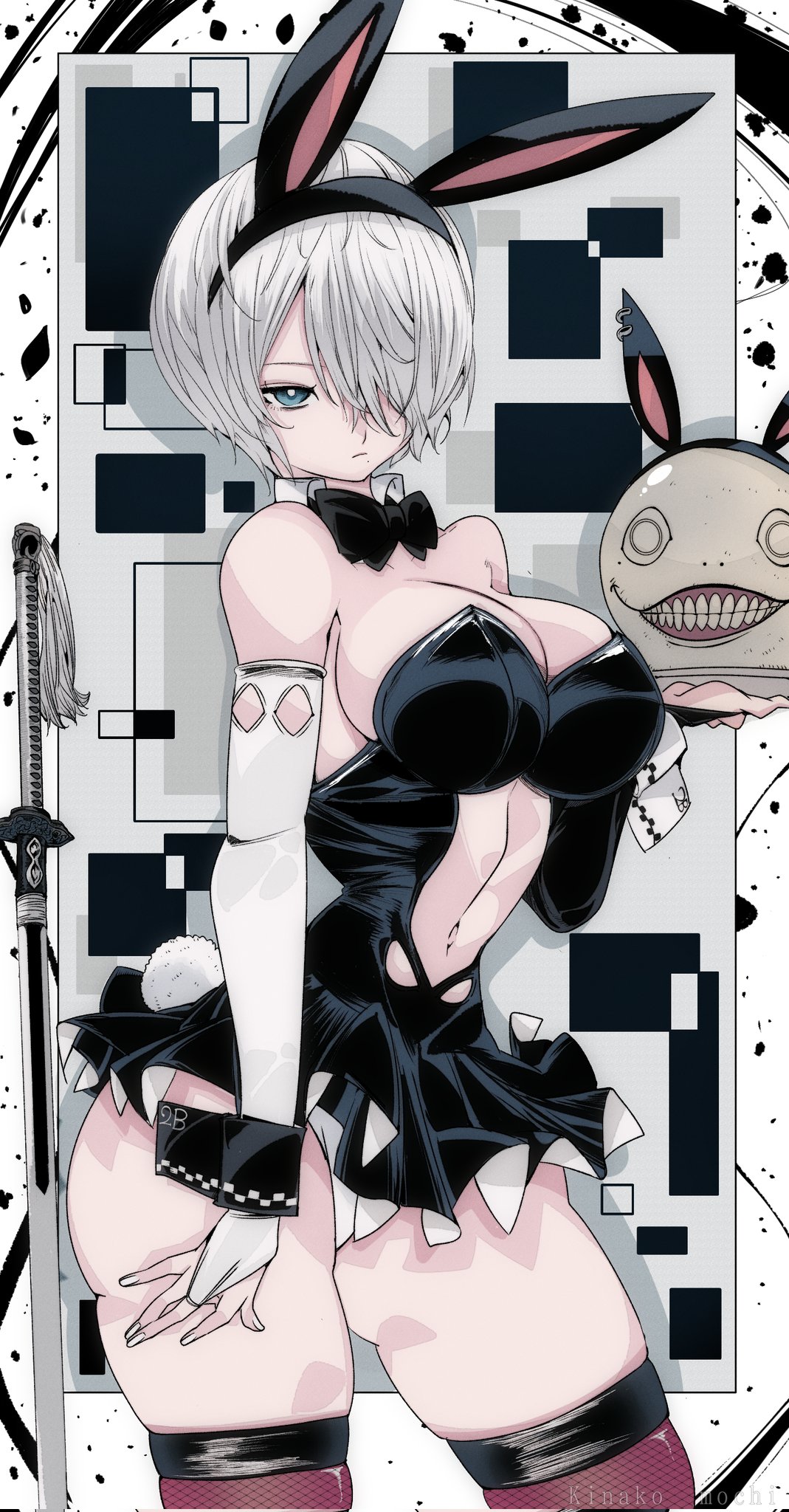 1girls, big breasts, breasts, bunny ears, bunny tail, bunnysuit, female, female only, light skin, light-skinned female, nier, nier: automata, omochi db, short hair, skirt, solo, thick thighs, thighhighs, thighs, white hair, wide hips, yorha 2b, yorha 2bunny