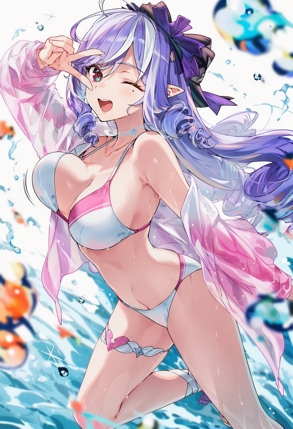 ai generated, bikini, breasts, curvy body, curvy female, female, female only, jiggling breasts, one eye closed, peace sign, purple hair, raaicave, vivian (zenless zone zero), vivian banshee, zenless zone zero