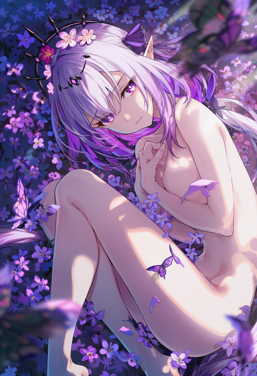 ai generated, breasts, castorice (honkai: star rail), covered breasts, covered nipples, covered pussy, elf ears, female, female only, honkai: star rail, laying on side, naked female, on ground, purple hair, pussy, raaicave, worried expression