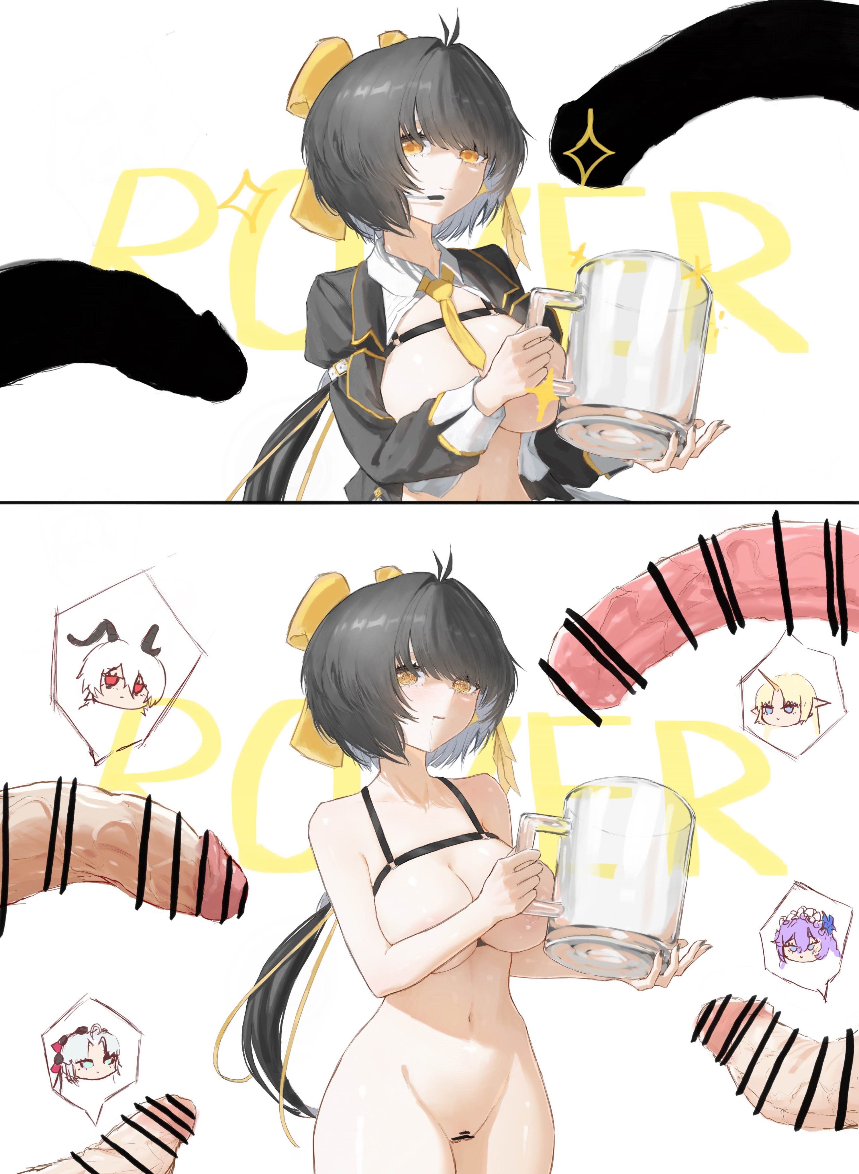 1girls, 2koma, 4futas, bar censor, big breasts, breasts, cantarella (wuthering waves), carlotta (wuthering waves), censored, cuora, cup, drooling, female, female focus, female rover (wuthering waves), fleurdelys (wuthering waves), futa with female, futanari, imminent cumshot, implied futa, intersex, large breasts, light skin, light-skinned female, light-skinned futa, offscreen character, pale skin, pale-skinned female, rover (wuthering waves), wuthering waves, yellow eyes, zani (wuthering waves)