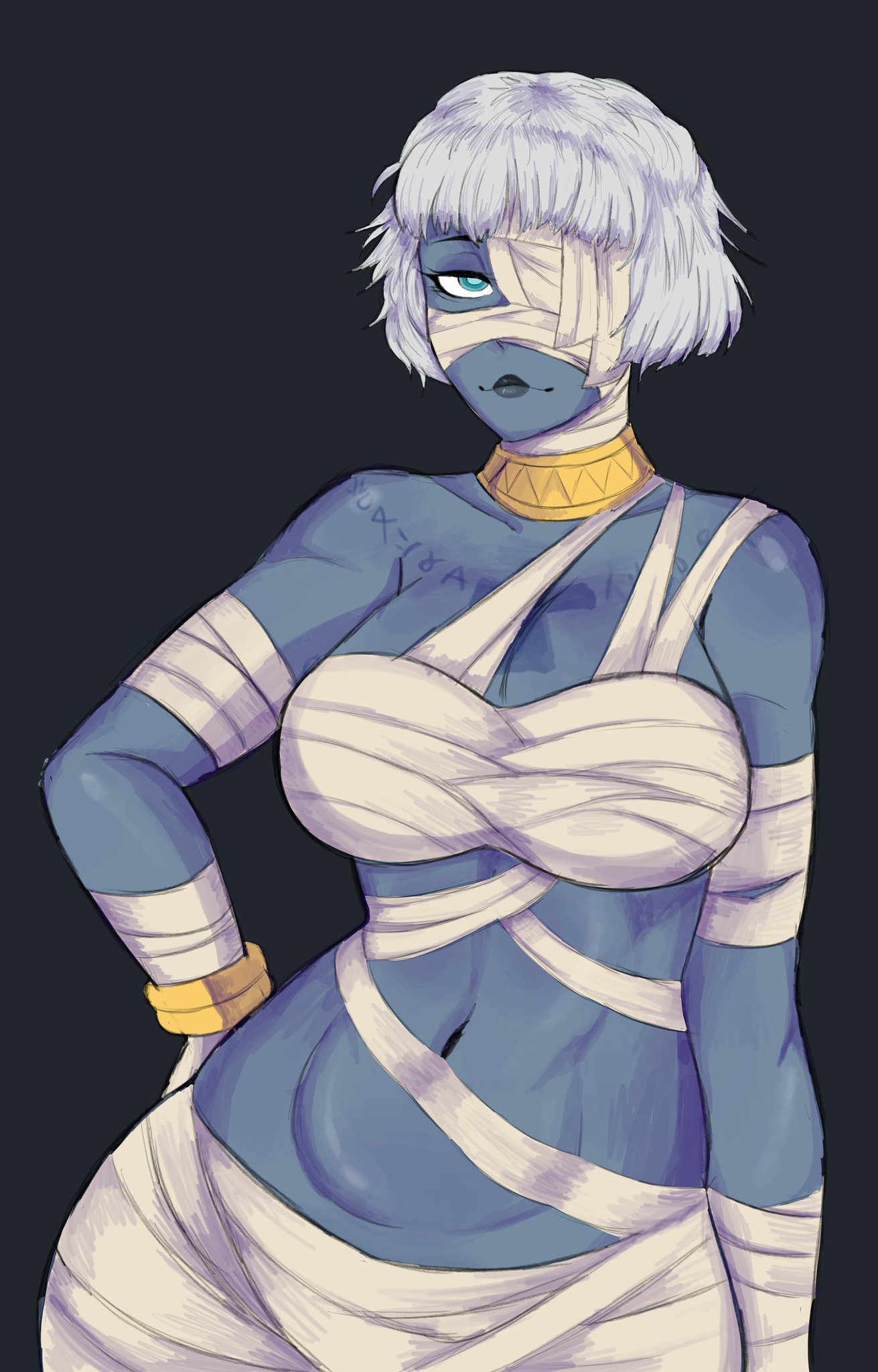 bandage, bandaged arm, bandaged chest, bandaged leg, big breasts, big titties, blue eyes, blue skin, body writing, breasts, curvaceous, curvaceous female, curvaceous figure, curvy, curvy figure, curvy hips, female, female focus, female only, hand on own hip, hand on own thigh, hero inside, jewelry, leaning forward, looking at viewer, medium breasts, mummy, mummy girl, mummy girl (hero inside), short hair, vennex, white hair