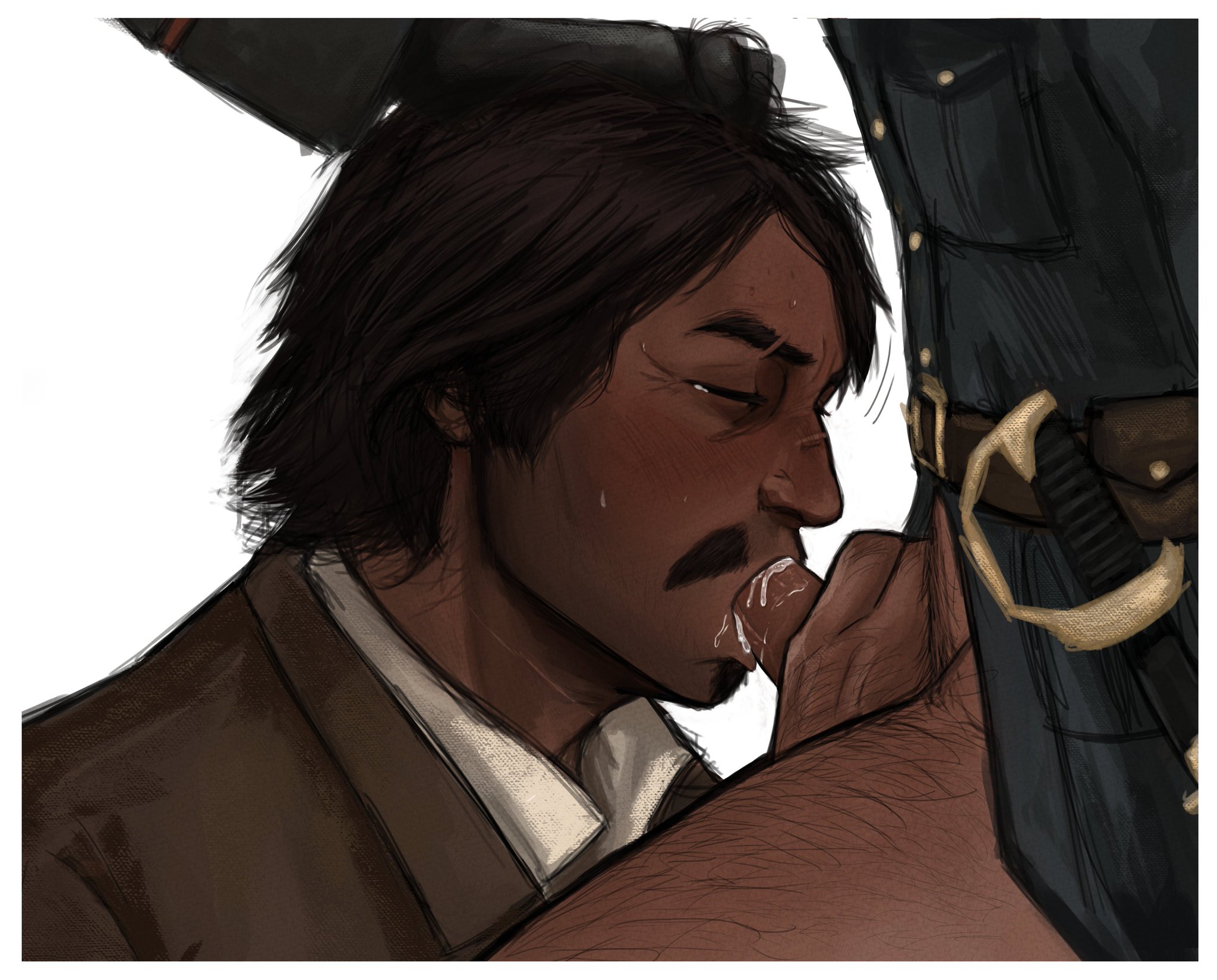2boys, agustín allende, blush, blushing, body hair, cock, color, crying, dark hair, dominant male, face closeup, facial hair, fr4nkt 4, gay, gripping cock, hand around penis, holding penis, javier escuella, john marston, leg hair, male, male only, male/male, mustache, oral, oral sex, penis, pubic hair, red dead redemption (series), red dead redemption 2, submissive male, sucking, sucking penis, suit, tearing up, vicente de santa, yaoi, you're fucking gay as in homosexual