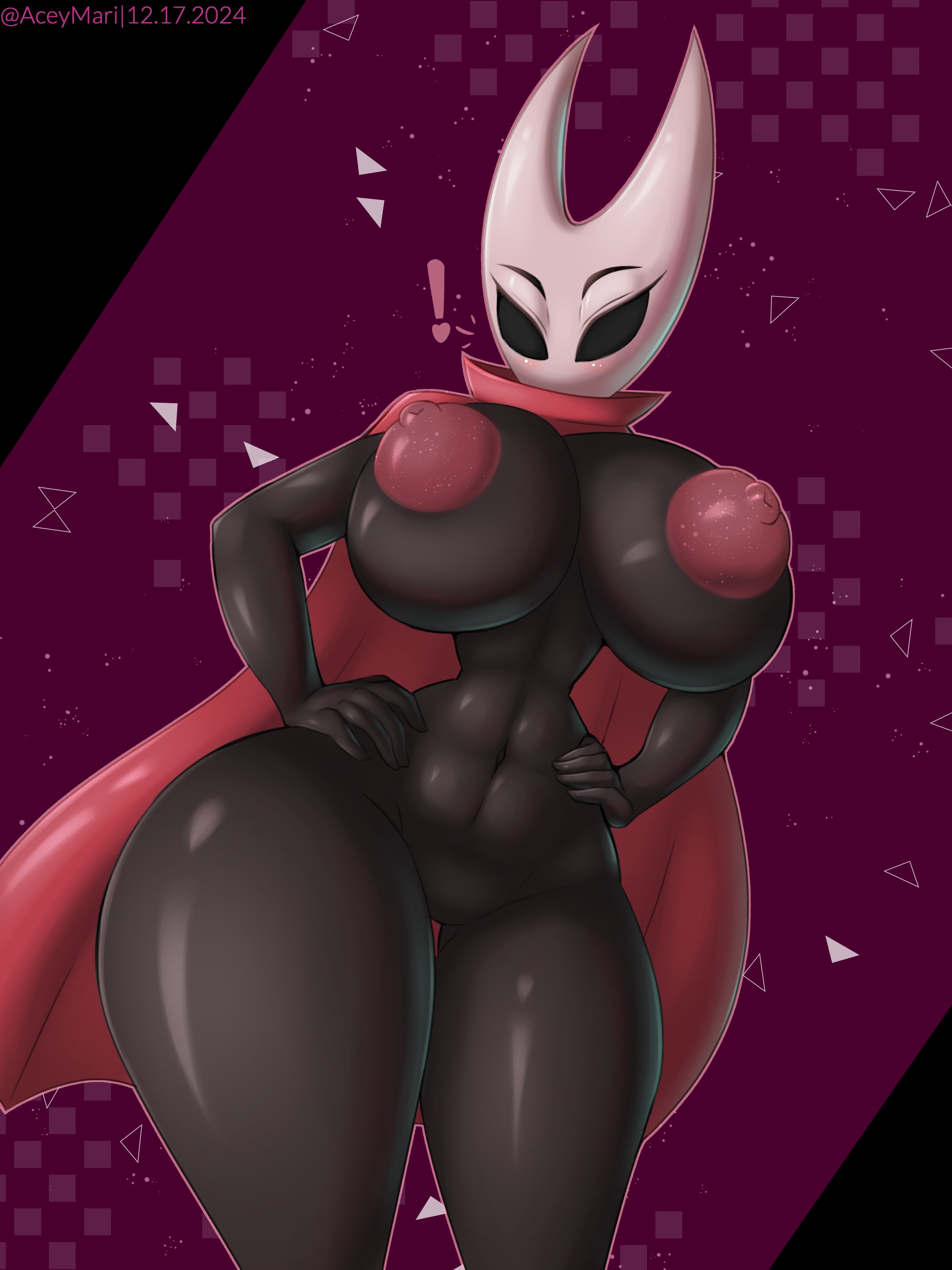 !, 1girls, aceymari, alternate version available, anthro, areolae, big breasts, black body, black eyes, black skin, bottomless, breasts, cloak, exclamation point, female, female only, hands on hips, hips, hollow knight, hornet (hollow knight), huge breasts, naked, naked female, nipples, nude, nude female, red cloak, solid eyes, solo, solo female, thick thighs, thighs, topless, wide hips