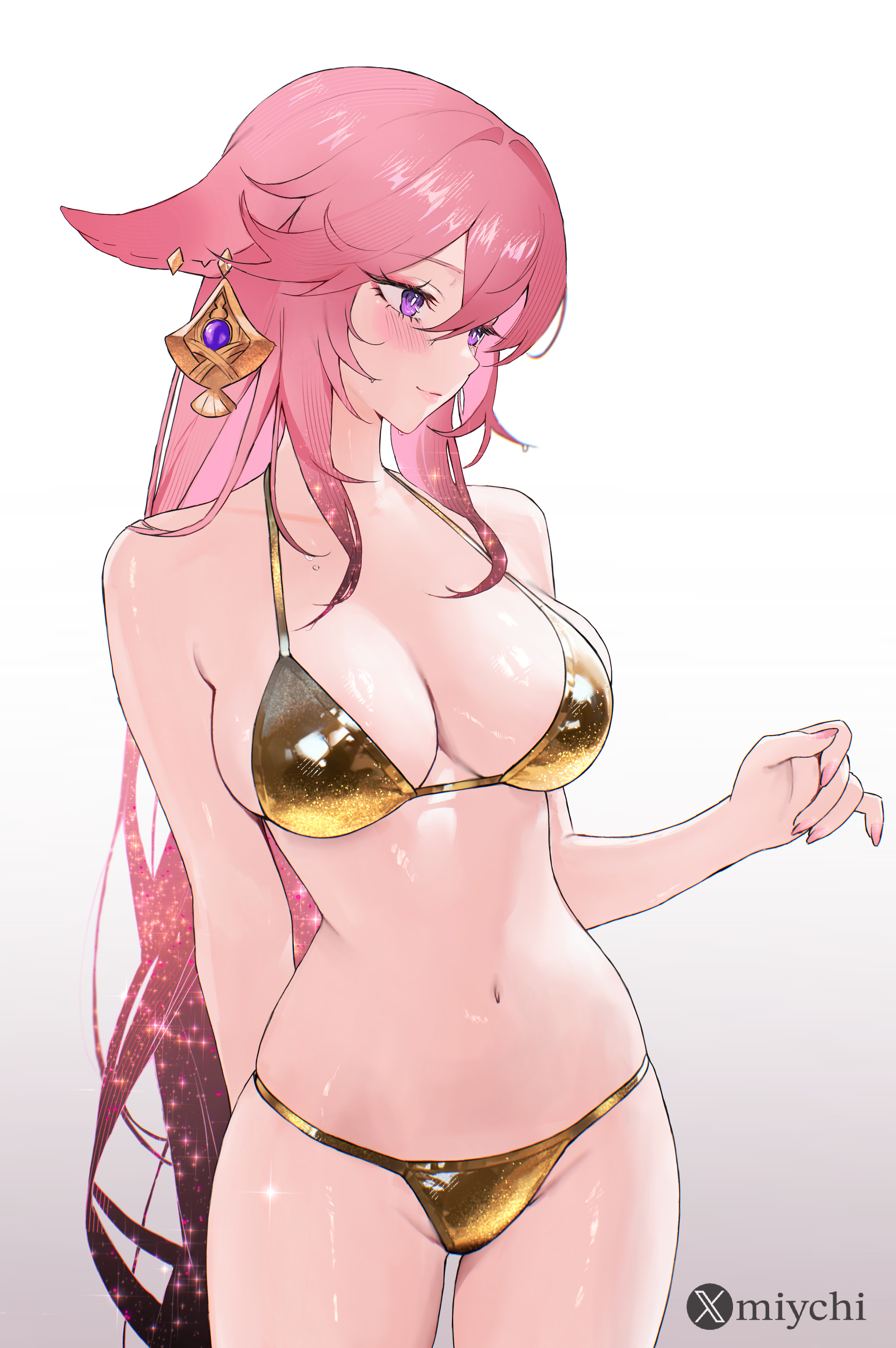1girls, animal ears, bare arms, bikini, blush, breasts, cleavage, earrings, female, fox ears, genshin impact, gold bikini, golden bikini, kemonomimi, large breasts, midriff, miychi, nail polish, navel, painted nails, pink hair, pink nails, purple eyes, shiny skin, solo, stomach, string bikini, swimsuit, thighs, yae miko