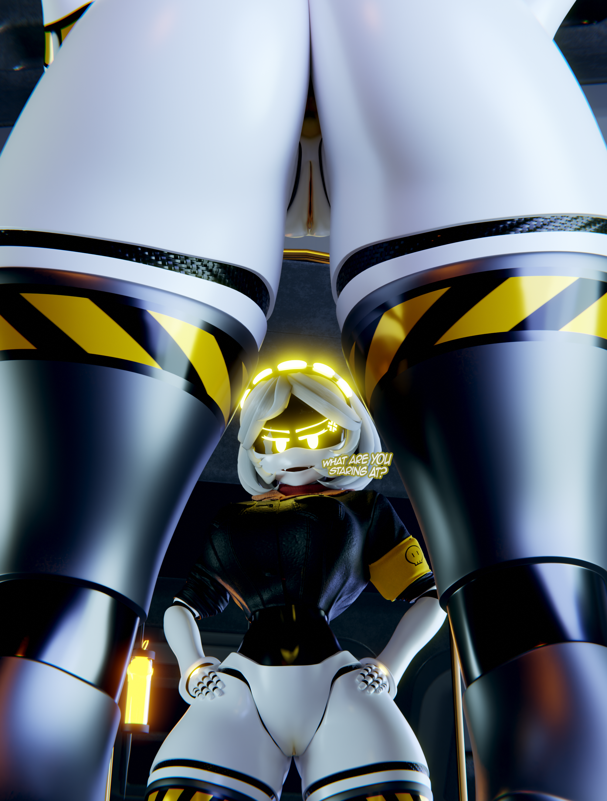 3d (artwork), 777bronzestar, absurd res, accessory, accurate art style, android, arms on thighs, ass, big ass, big butt, bottomless, clothed, clothing, cross-popping vein, digital media (artwork), disassembly drone, english text, female, female only, genitals, glitch productions, glowing, glowing eyes, glowing tail, hair, headgear, headwear, hi res, humanoid, looking at viewer, machine, metallic body, mirror, mirror reflection, mirror selfie, murder drones, no panties, not furry, partially clothed, pussy, reflection, robot, robot humanoid, selfie, short hair, solo, tail, tailed humanoid, text, thick thighs, v (bysamzan), v (murder drones), white body, white hair