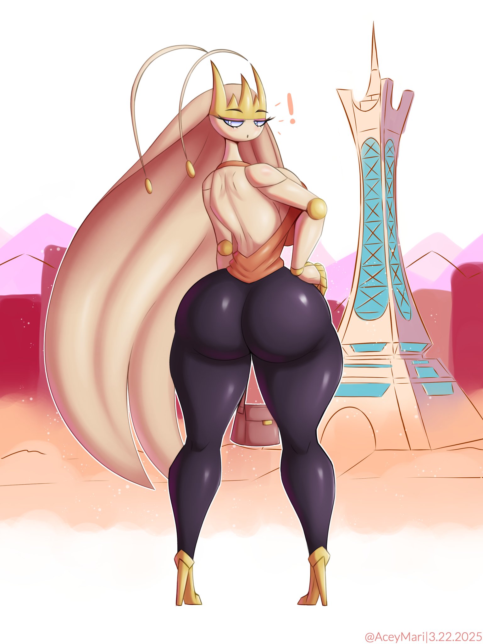 !, 1girls, aceymari, ass, back, back view, big ass, blue eyes, bubble ass, bubble butt, clothing, creatures (company), exclamation point, female, female only, footwear, full body, game freak, hair, hand on hip, heels, high heels, huge ass, legs, long hair, looking back, nintendo, pheromosa, pokemon, pokemon (species), pokemon sm, pokemon xy, solo, solo female, thighs, white body, white hair, white skin