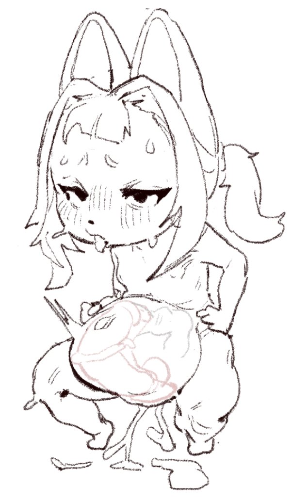 anthro biped black_eyes bodily_fluids cum cum_expulsion cum_inside domestic_cat eyebrows felid feline felis female fur genital_fluids hair inflation inflation leaking_cum mammal nude open_mouth simple_background skeleton265 solo standing sweat tongue tongue_out white_background