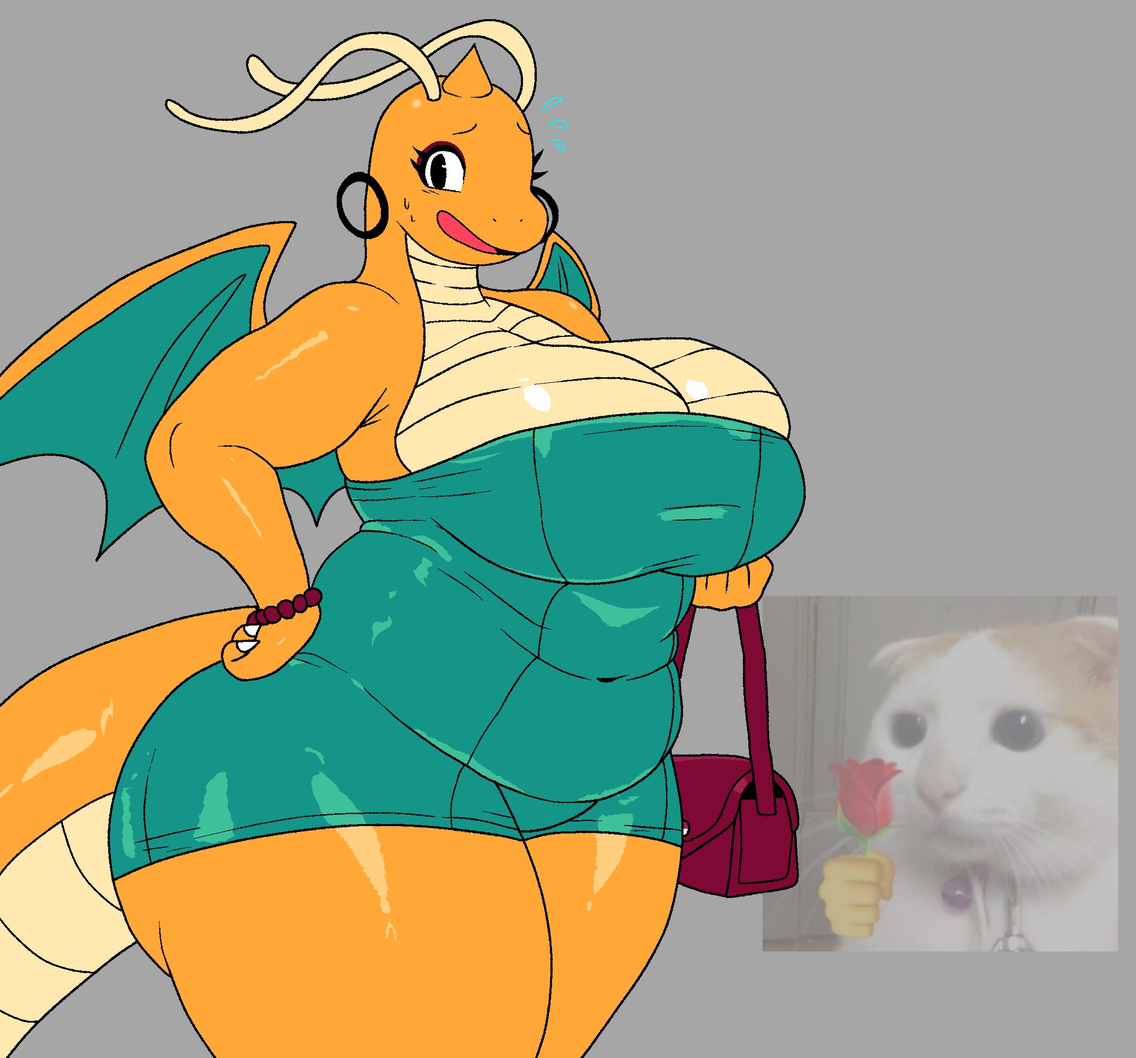 activeajames, antennae (anatomy), anthro, ass, belly, big ass, big breasts, blush, bodily fluids, bracelet, breasts, clothed, clothed female, clothing, dragon, dragonite, dress, ear piercing, ear ring, female, generation 1 pokemon, hand on hip, hi res, holding purse, hoop ear ring, huge ass, huge breasts, huge thighs, jewelry, looking at viewer, membrane (anatomy), membranous wings, mythological creature, mythological scalie, mythology, nintendo, orange body, orange scales, overweight, overweight anthro, overweight female, piercing, pokemon, pokemon (species), ring piercing, scales, scalie, shoulderless dress, solo, sweat, sweatdrop, tail, thick tail, thick thighs, tight clothing, tight dress, ventral scales, voluptuous anthro, voluptuous female, wings