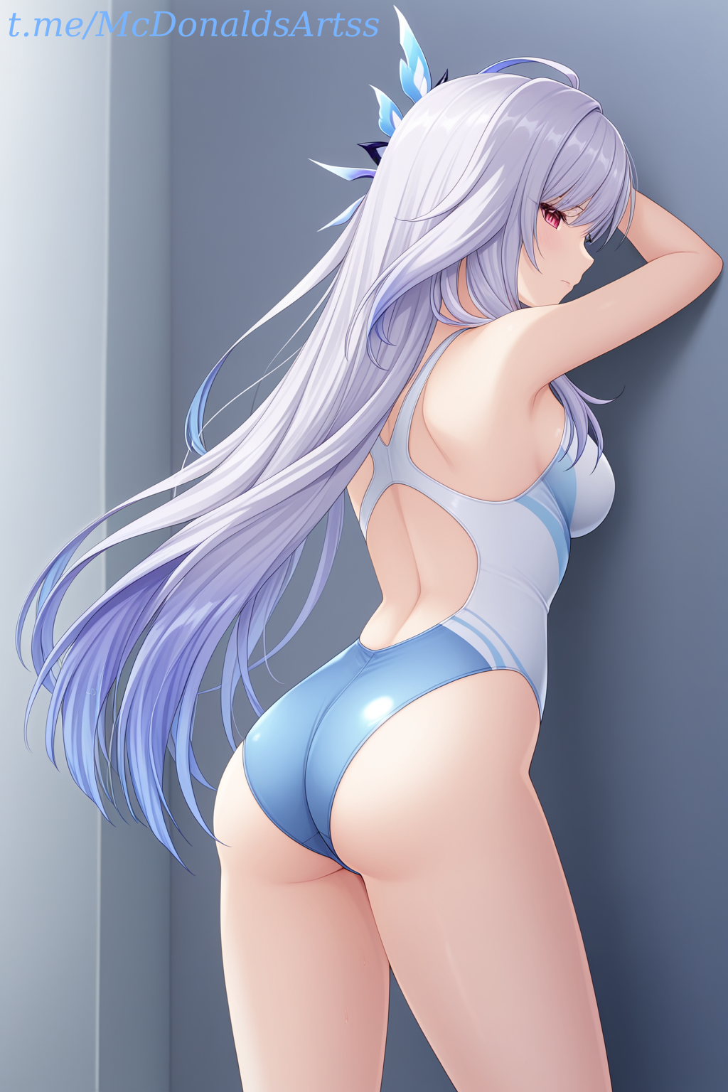 1female 1girl 1girls 1girls_ass against_wall ai_generated arms_up ass back back_cutout bare_arms bare_shoulders blue_hair blue_one-piece_swimsuit breasts closed_mouth commentary_request competition_swimsuit cowboy_shot female female_focus female_only from_behind genshin_impact grey_hair hair_ornament highleg highleg_swimsuit long_hair looking_at_viewer looking_back medium_breasts multicolored_hair one-piece_swimsuit red_eyes skirk_(genshin_impact) solo standing swimsuit thighs two-tone_swimsuit very_long_hair white_hair white_one-piece_swimsuit zelanell