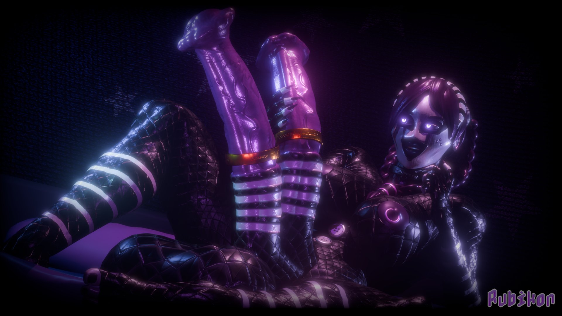 1futa, 3d, ass, balls, big balls, big breasts, black body, black nails, black skin, black-skinned futa, braided hair, braided twintails, breasts, bust, busty, cock ring, curvaceous, curvy, curvy figure, dark body, diphallia, diphallism, female, five nights at freddy's, five nights at freddy's 2, futanari, glowing eyes, gold cock ring, hips, horsecock, horsecock futa, hourglass figure, huge balls, huge breasts, humanoid, intersex, intersex/female, large balls, large breasts, large penis, legs, lying down, marionette (fnaf), mask, mature, mature female, multi genitalia, multi penis, nipple piercing, nipple ring, nipples, original character, penis, piercing, puppet (fnaf), purple body, purple penis, purple skin, rubikon (artist), ruby (rubikon), scottgames, slim waist, thick, thick hips, thick legs, thick penis, thick thighs, thighs, twin braids, voluptuous, voluptuous futa, waist, wide hips