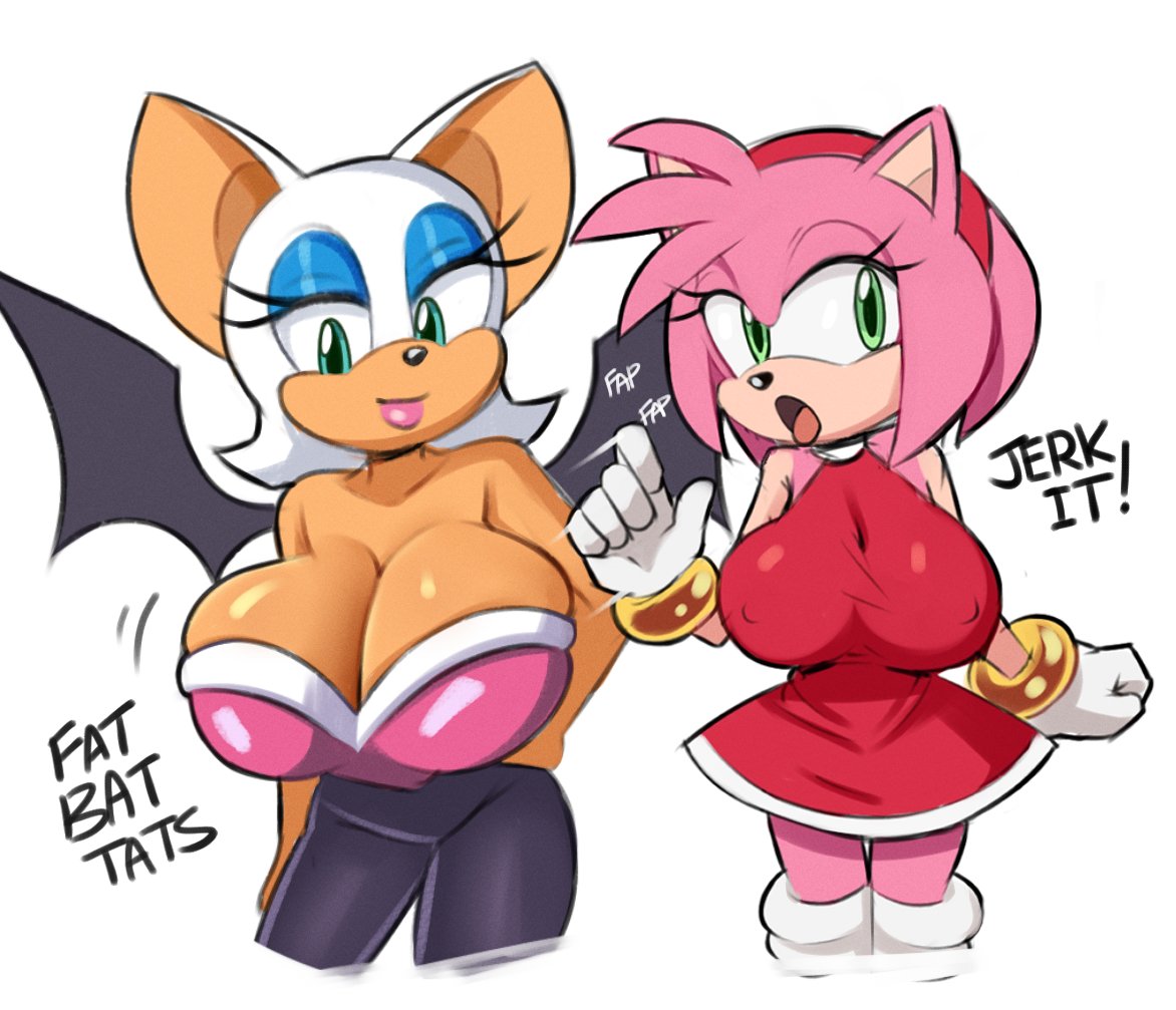 2girls amy_rose animal_ears anthro armwear asking_for_it bat bat_ears bat_wings big_breasts bimbo blue_eyeshadow bracelet breasts cleavage clothing english english_text eyeshadow fellatio_gesture female female_only green_eyes half-closed_eyes huge_breasts large_breasts lips motion_blur motion_lines nipple_bulge onomatopoeia pink_body pink_hair pink_skin red_skirt rouge_the_bat sega sexually_suggestive skirt sonic_(series) sonic_the_hedgehog_(series) squidapple text tongue tongue_out wings