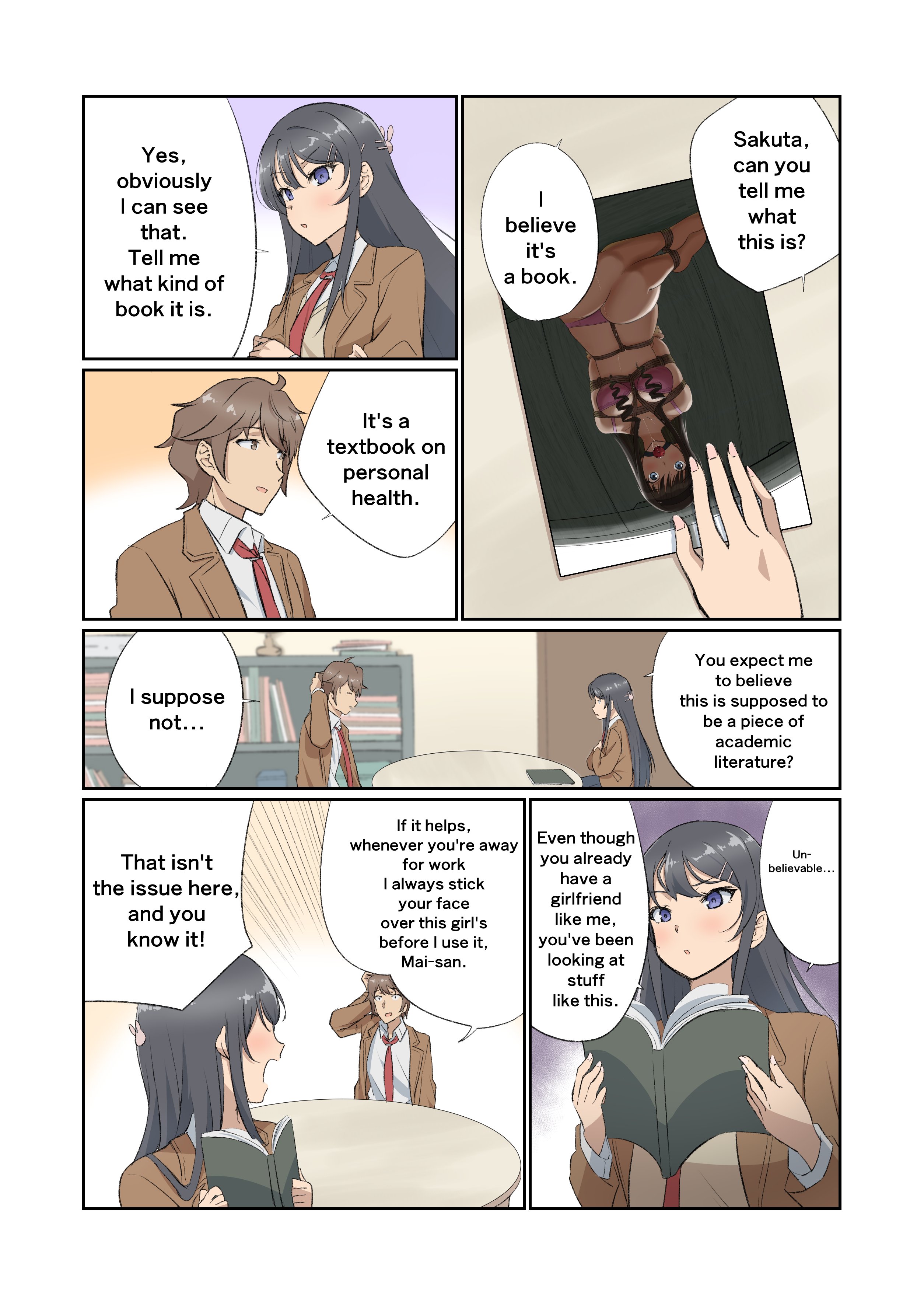 1boy, 2girls, absurdres, arms behind back, azusagawa kaede, azusagawa sakuta, ball gag, between breasts, black hair, black pantyhose, blush, bondage, book, bound, bound ankles, bound arms, bound legs, bound thighs, bound torso, breasts, comic, cosplay, drooling, english text, female, female focus, frogtie, gag, gagged, highres, indoors, jacket, kigurumi, kneeling, legs together, long hair, long sleeves, lying, lying on lap, male, medium breasts, misunderstanding, multiple females, multiple girls, necktie, necktie between breasts, no shoes, on back, on cushion, on floor, open clothes, open jacket, open mouth, pantyhose, photo (object), pleated skirt, purple eyes, rope, sakurajima mai, saliva, saliva puddle, saliva trail, school uniform, seishun buta yarou wa bunny girl senpai no yume wo minai, shibari over clothes, shirt, simple background, skirt, solo, speech bubble, straight, tamawwwwwwwww, tie, unworn gag, wiffle gag, wooden floor