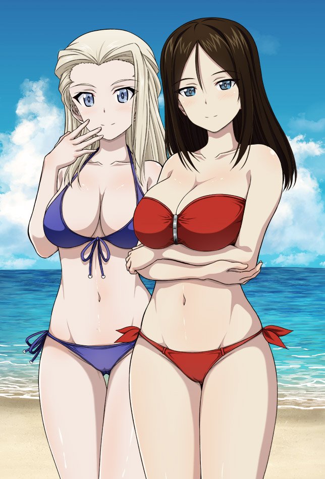 2girls, beach, big breasts, bikini, blonde hair, blue bikini, blue bikini bottom, blue bikini top, blue eyes, blue-eyed female, breasts, brunette, brunette hair, clara (girls und panzer), female, female only, girls und panzer, inoshira, looking at viewer, multiple females, multiple girls, nonna (girls und panzer), red bikini, red bikini bottom, red bikini top, sand, sea
