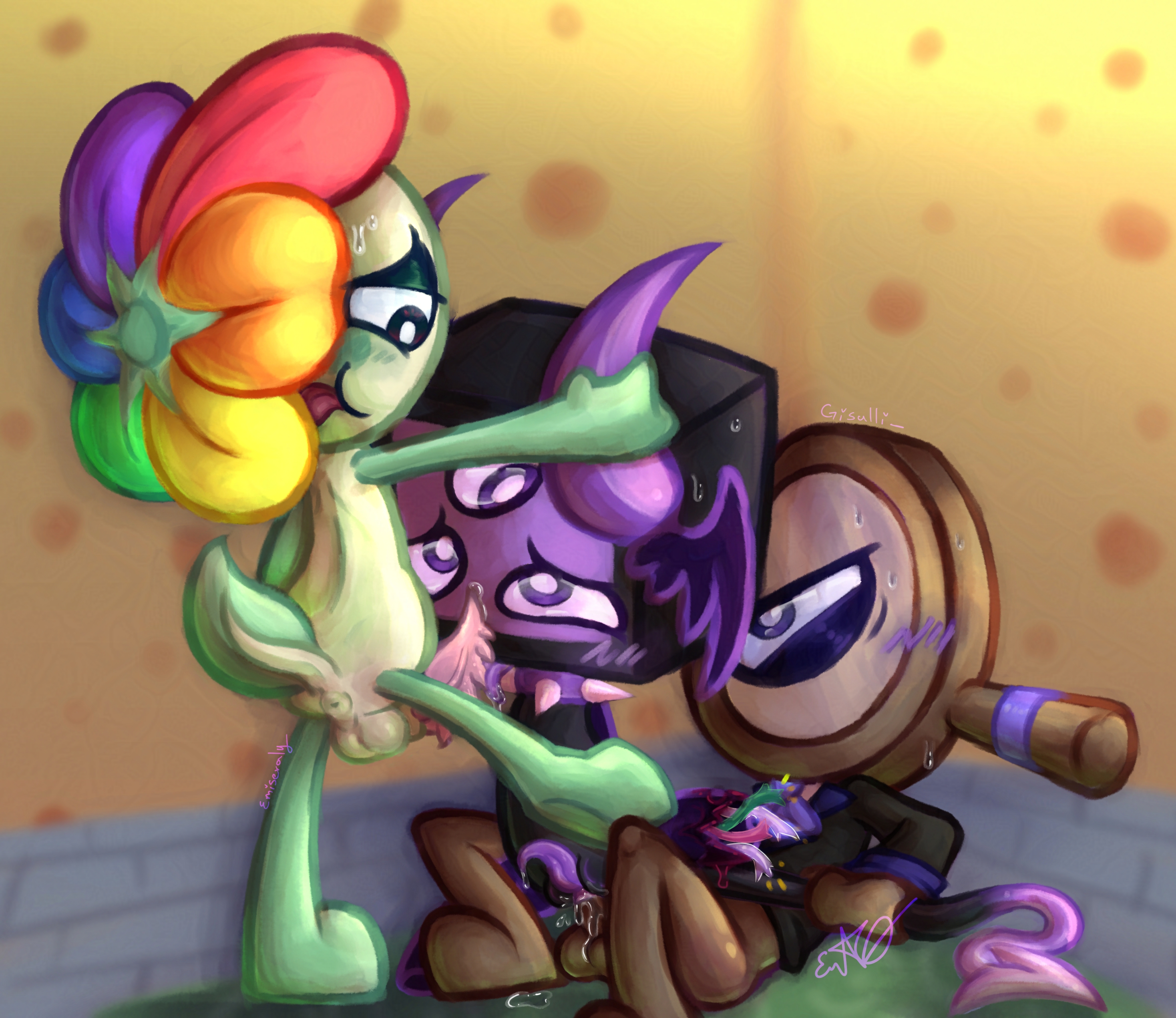 1 eye, 3 eyes, amputated leg, amputation, amputee, artist self-insert, balls, blush, bodily fluids, cuntboy, cuntboy sans balls, dandy (dandy's world), dandy's world, dub con, dubcon, fan character, genital fluids, genitals, gisulli, herm, hermaphrodite, intersex, male, maleherm, multi eye, multi genitalia, necklace, non-human, penetration, penis, precum, precum drip, pussy, rodger (dandy's world), rubber, sweat, tongue, tongue out, vaginal fluids, vaginal fluids drip, vaginal fluids on penis, vaginal juices, vaginal juices on penis, visible pussy, wet