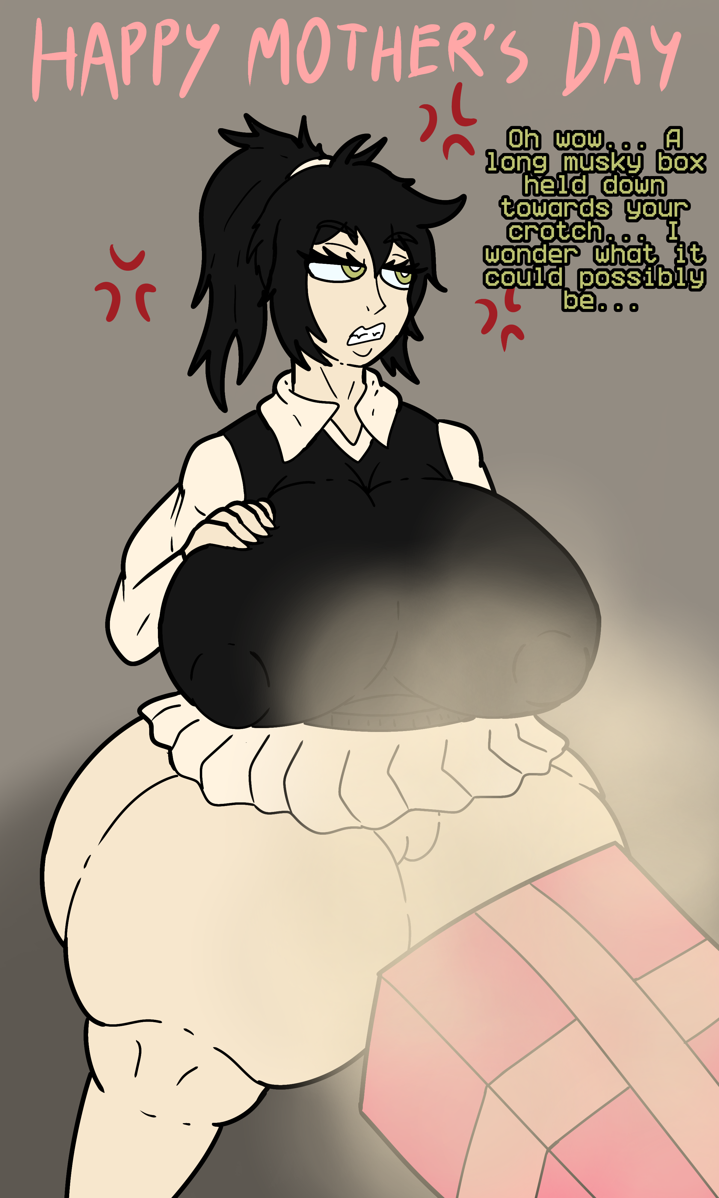 1boy, 1girls, 2d, andrew graves, anger symbol, angry, ass, before sex, big ass, big breasts, big penis, black hair, breasts, clothed, clothed female, dialogue, dick in a box, english text, exposed pussy, female, gift, gift box, green eyes, guavagrunt, hidden penis, huge ass, huge breasts, huge cock, incest, male, mother and son, musk, musk clouds, musky cock, nipples visible through clothing, penis, penis in box, ponytail, pussy, renee graves, simple background, smelly, speech, straight, text, the coffin of andy and leyley, thick thighs, thighs