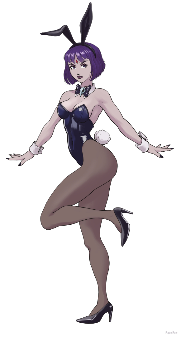1girls, breasts, bunny ears, bunny girl, bunny tail, bunnysuit, cleavage, dc, dc comics, female, female only, forehead jewel, high heels, large breasts, leotard, medium hair, purple eyes, purple hair, rachel roth, raven (dc), roxyrex, stockings, teen titans