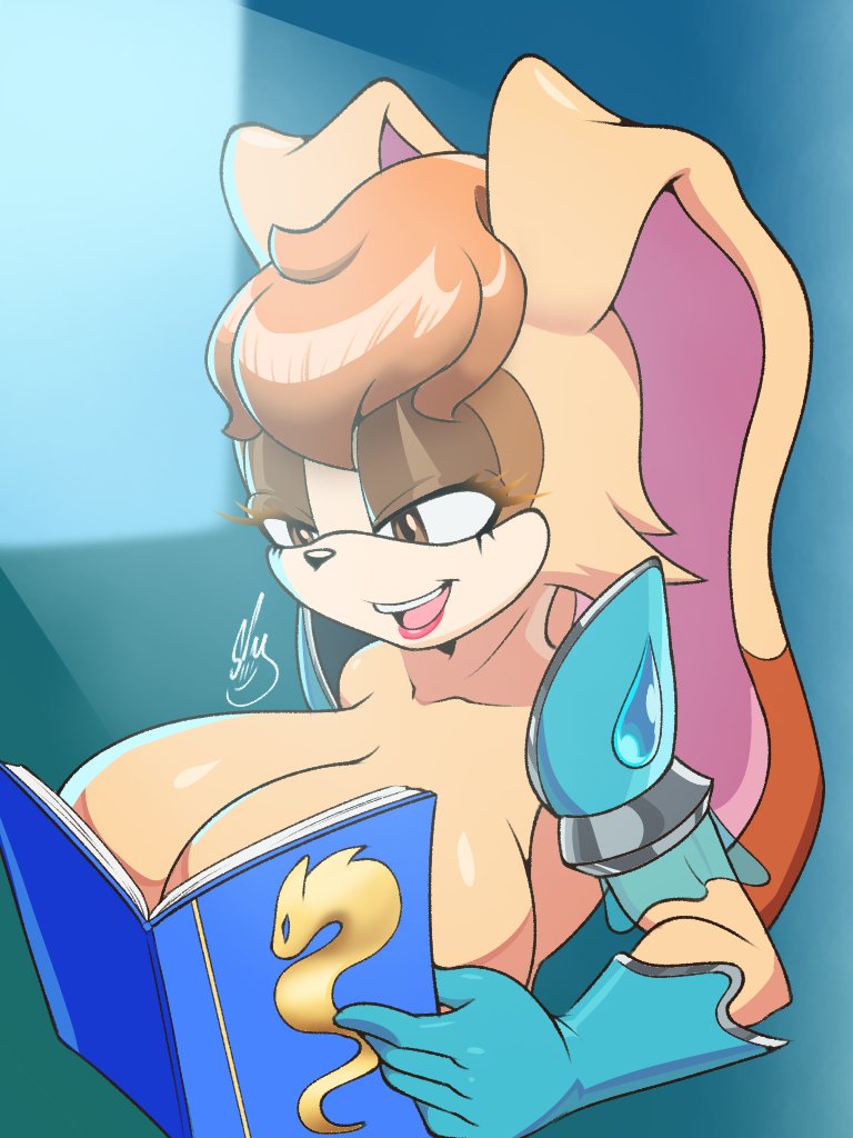 1girls anthro armored_gloves barely_sly big_breasts book book_covering_breasts breast_focus breasts brown_eyes brown_hair cleavage female female_only gloves hair half-closed_eyes huge_breasts lagomorph large_breasts lips mature mature_female mature_woman meme meme_reference milf mother ouch_meme sega shoulder_pads solo solo_female sonic_(series) sonic_the_hedgehog_(series) upper_body vanilla_the_rabbit