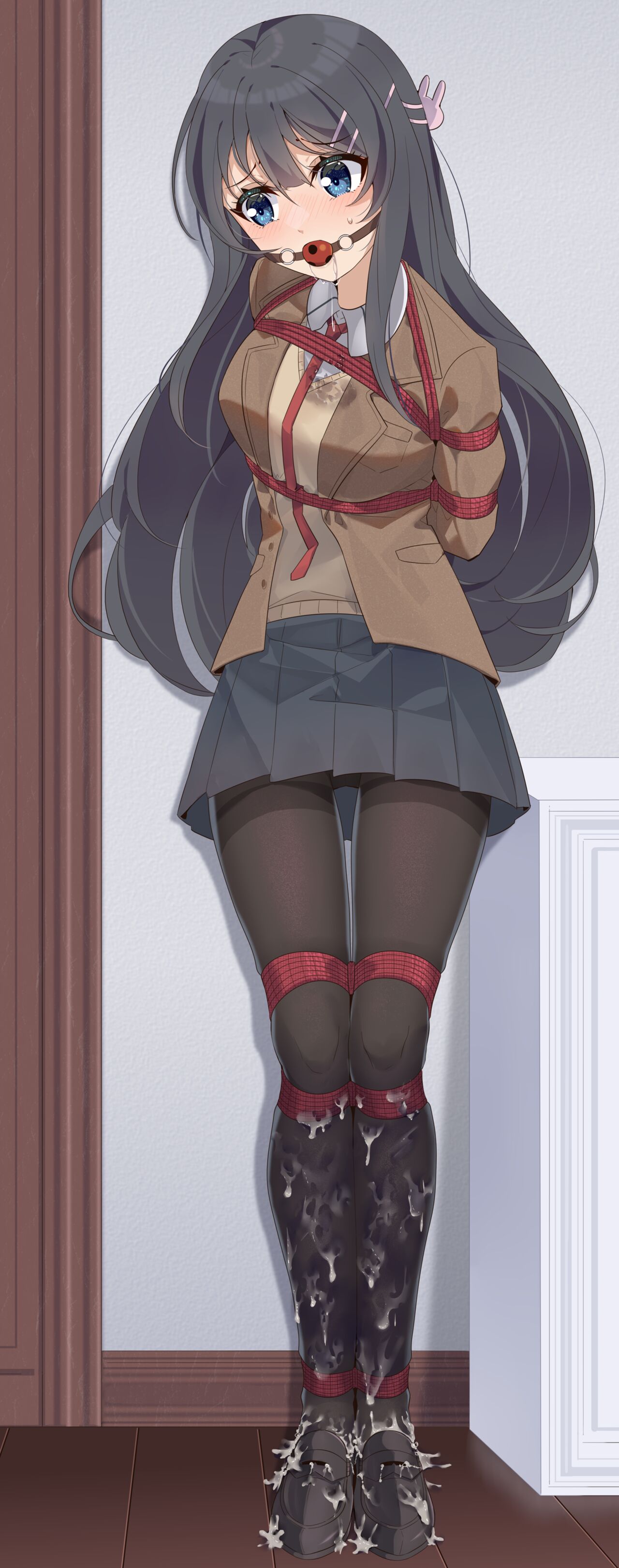 absurdres, arms behind back, ball gag, black hair, black pantyhose, blue eyes, blush, bondage, bound, cum, cum in shoe, cum on body, cum on feet, cum on lower body, ddt (darktrident), drooling, female, female focus, gag, gagged, highres, indoors, long hair, necktie, pantyhose, pleated skirt, restrained, sakurajima mai, saliva, saliva puddle, saliva trail, school uniform, seishun buta yarou wa bunny girl senpai no yume wo minai, shibari over clothes, skindentation, skirt, solo, standing, thigh gap, toes, wiffle gag, wooden floor